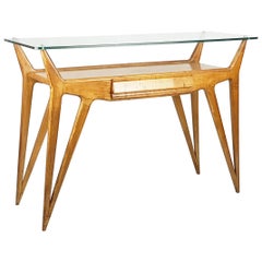 Light Brown Wood and Glass Midcentury Console in the Style of Ico Parisi