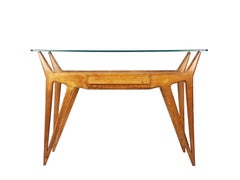 Light Brown Wood and Glass Midcentury Console in the Style of Ico Parisi