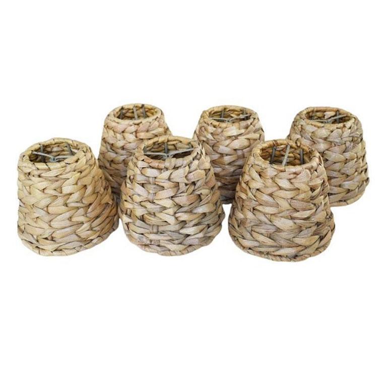 American Classical Light Brown Woven Raffia Wicker Bamboo Chandelier Lamp Shades, Set of 6 For Sale