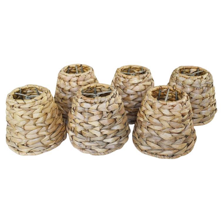 Light Brown Woven Raffia Wicker Bamboo Chandelier Lamp Shades, Set of 6 For Sale