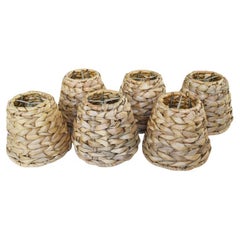 Vintage Light Brown Woven Raffia Wicker Bamboo Chandelier Lamp Shades, Set of 6