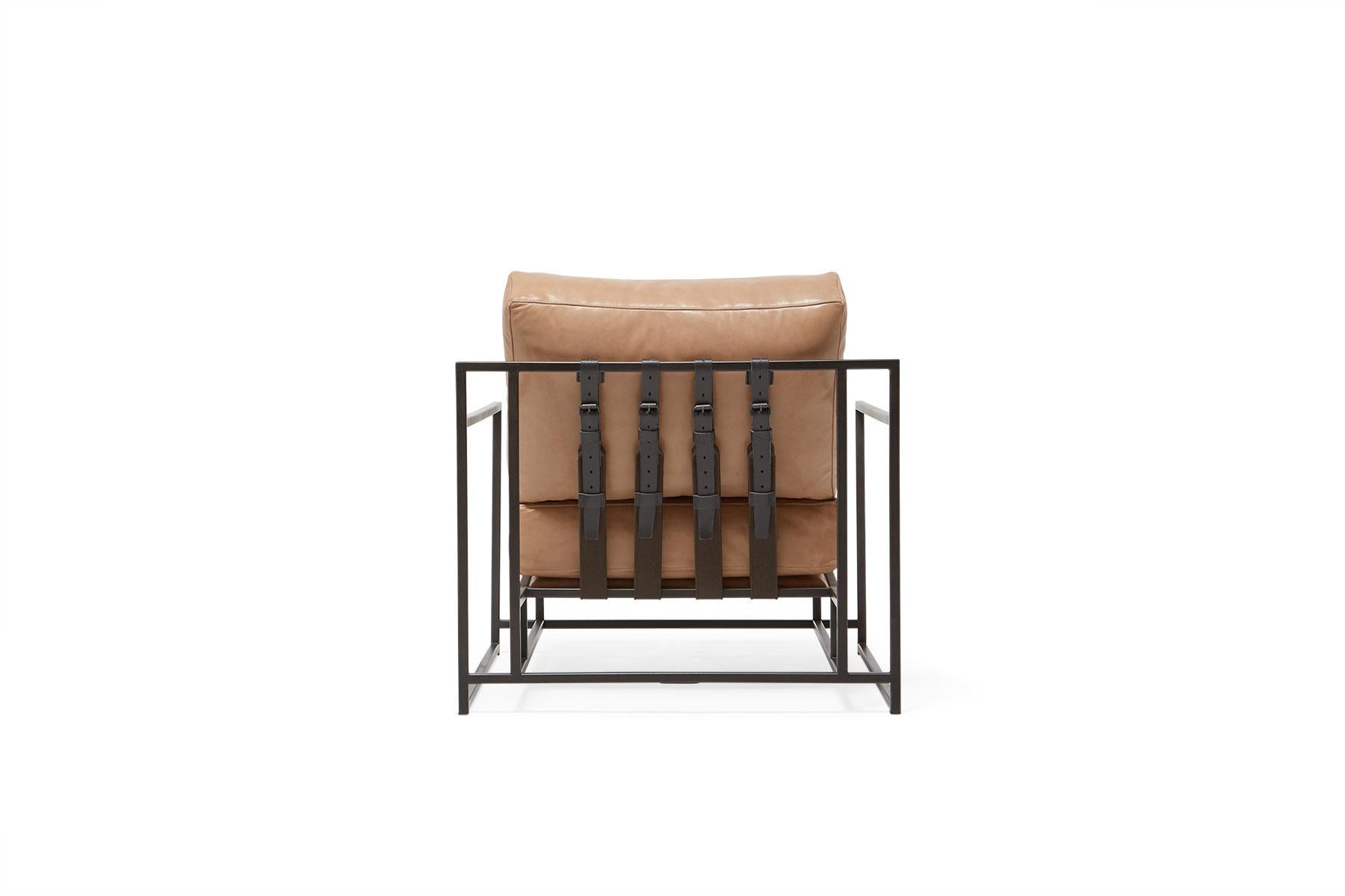 Modern Light Caramel Leather and Blackened Steel Armchair For Sale