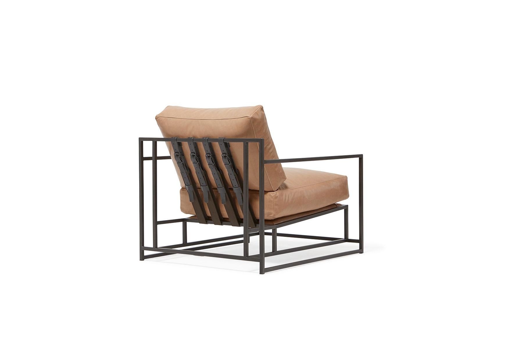 American Light Caramel Leather and Blackened Steel Armchair For Sale
