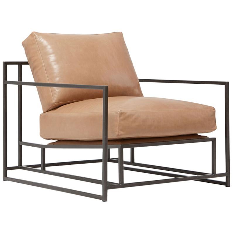Light Caramel Leather and Blackened Steel Armchair For Sale