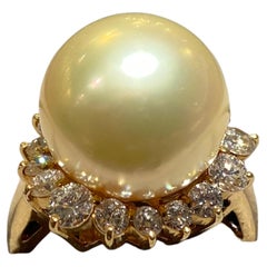 Light Champagne Color South Sea Pearl and Diamond Ring in 18k Yellow Gold