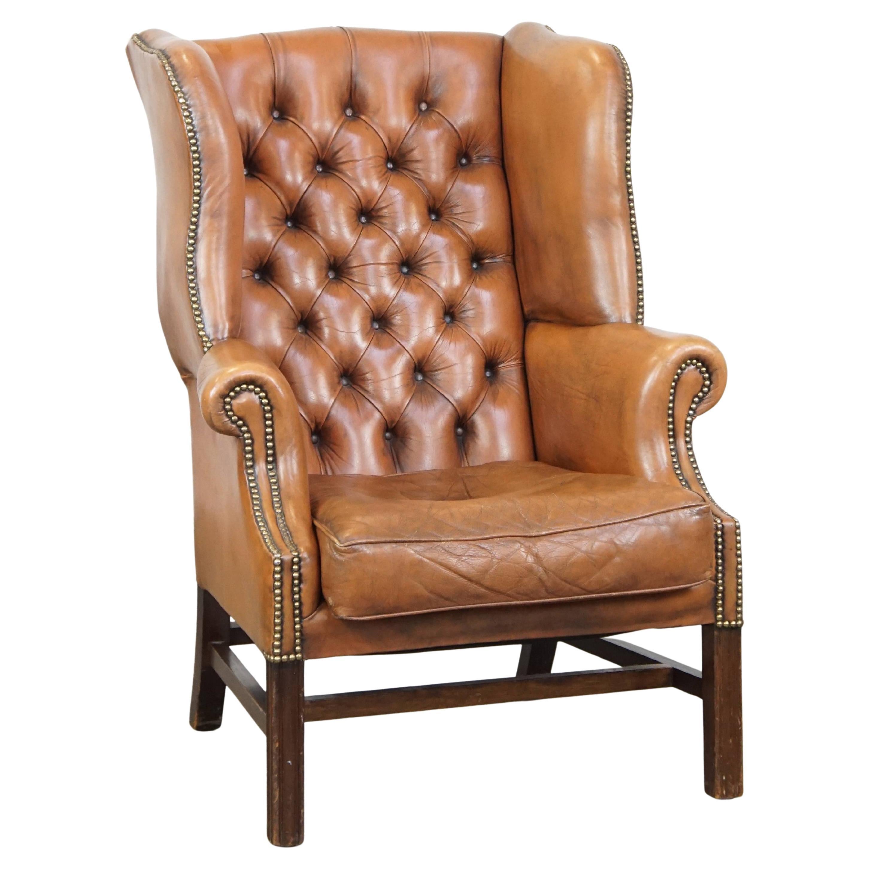 Light Cognac-Colored cowhide Leather English Chesterfield Wingback Armchair