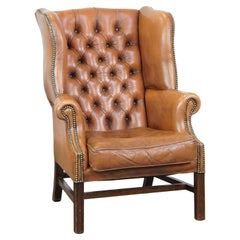 Light Cognac-Colored cowhide Leather English Chesterfield Wingback Armchair
