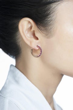 Modern Hoop Earrings, White Diamonds and Red Rubies