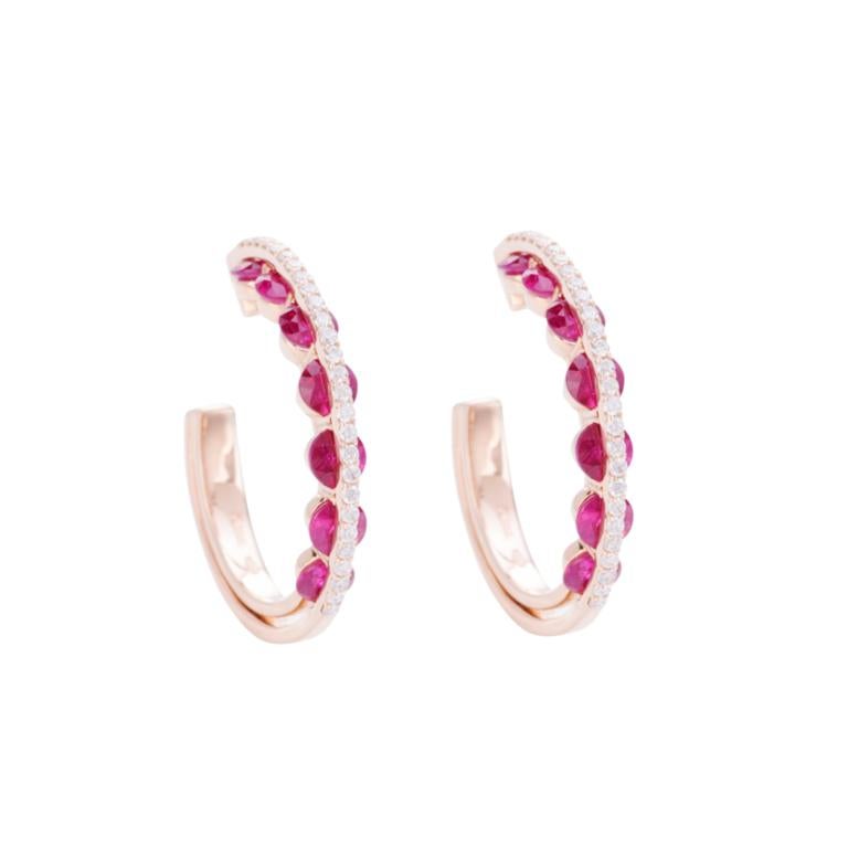 Round Cut Modern Hoop Earrings, White Diamonds and Red Rubies For Sale