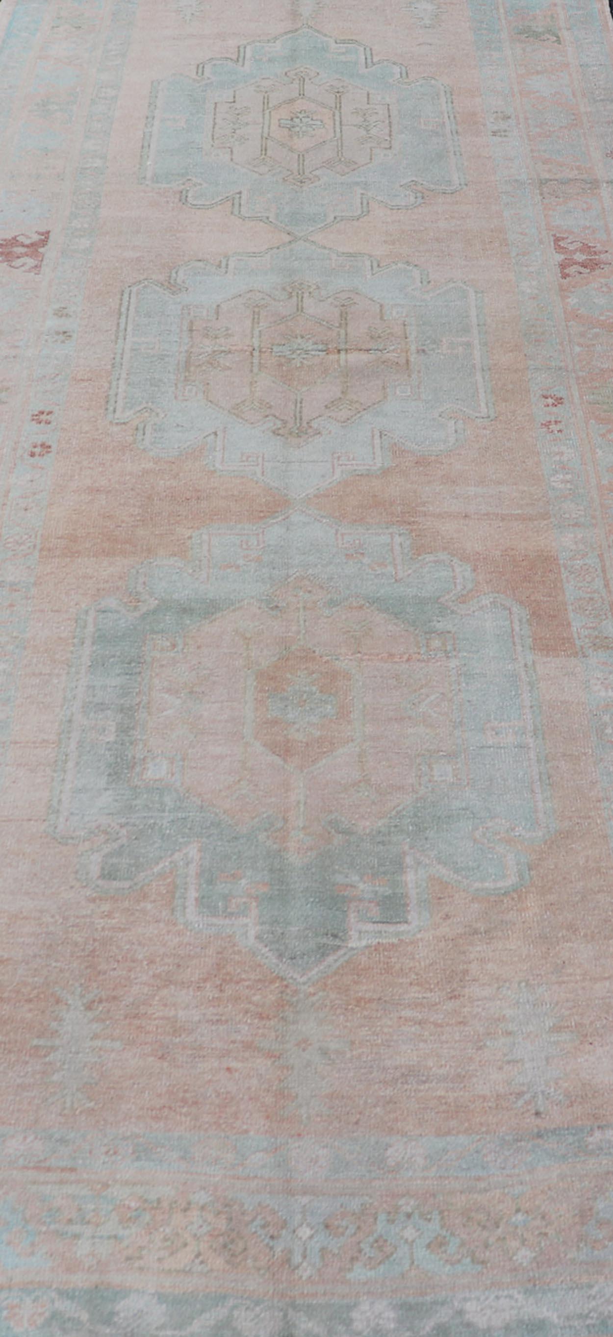 Light Color Turkish Oushak Vintage Gallery Runner with Medallions In Good Condition For Sale In Atlanta, GA