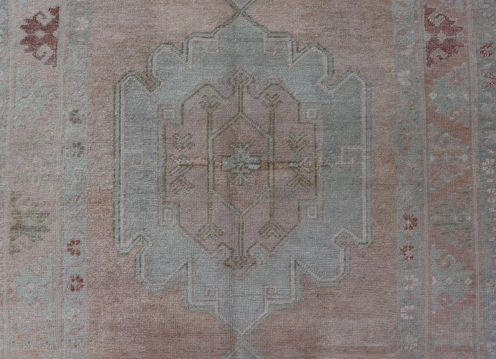Wool Light Color Turkish Oushak Vintage Gallery Runner with Medallions For Sale