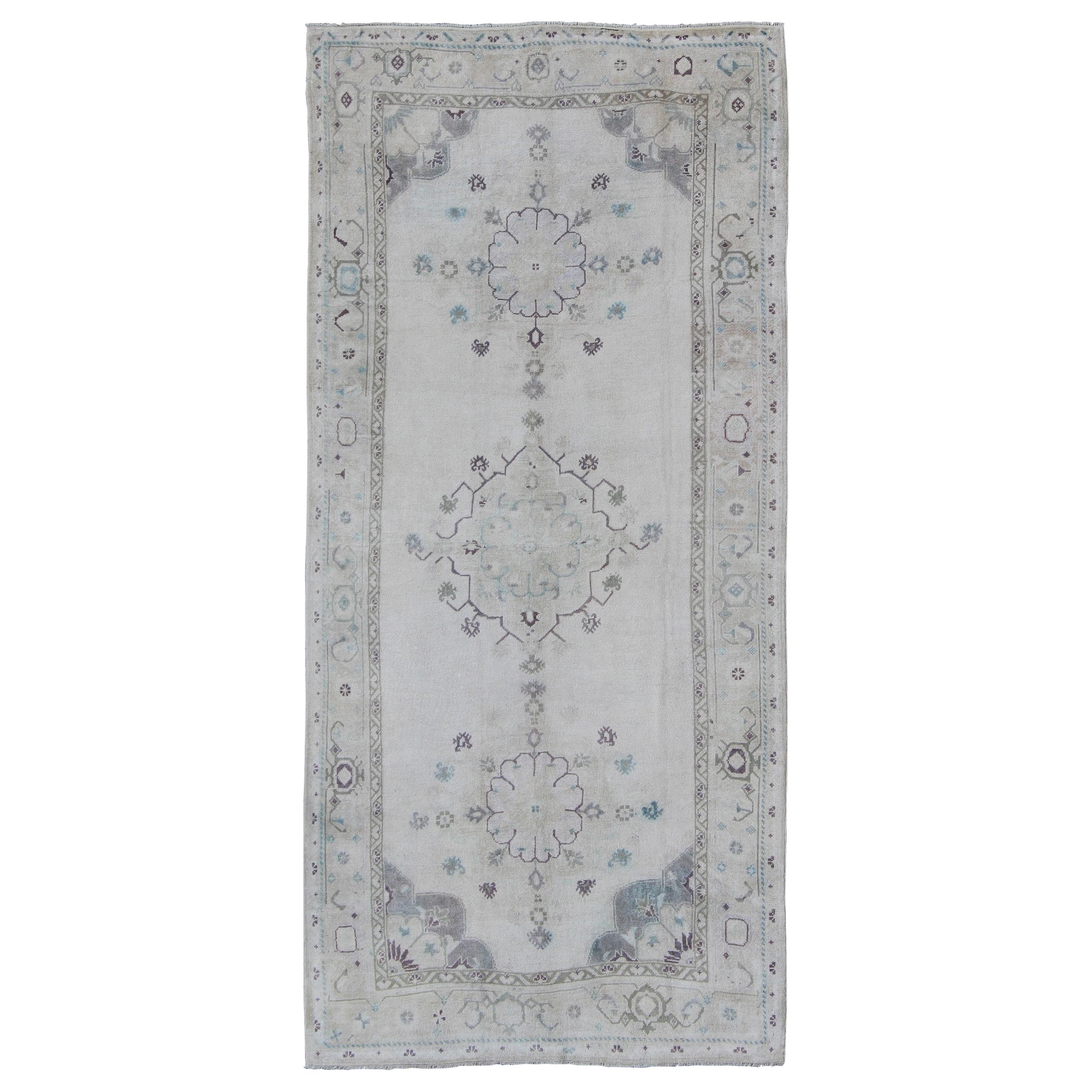 Light Color Turkish Oushak Vintage Gallery Runner with Stylized Floral Design
