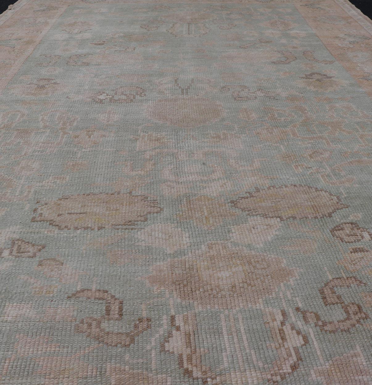 Light Colored Turkish Vintage Oushak Rug with All-Over Design in Light Green For Sale 4