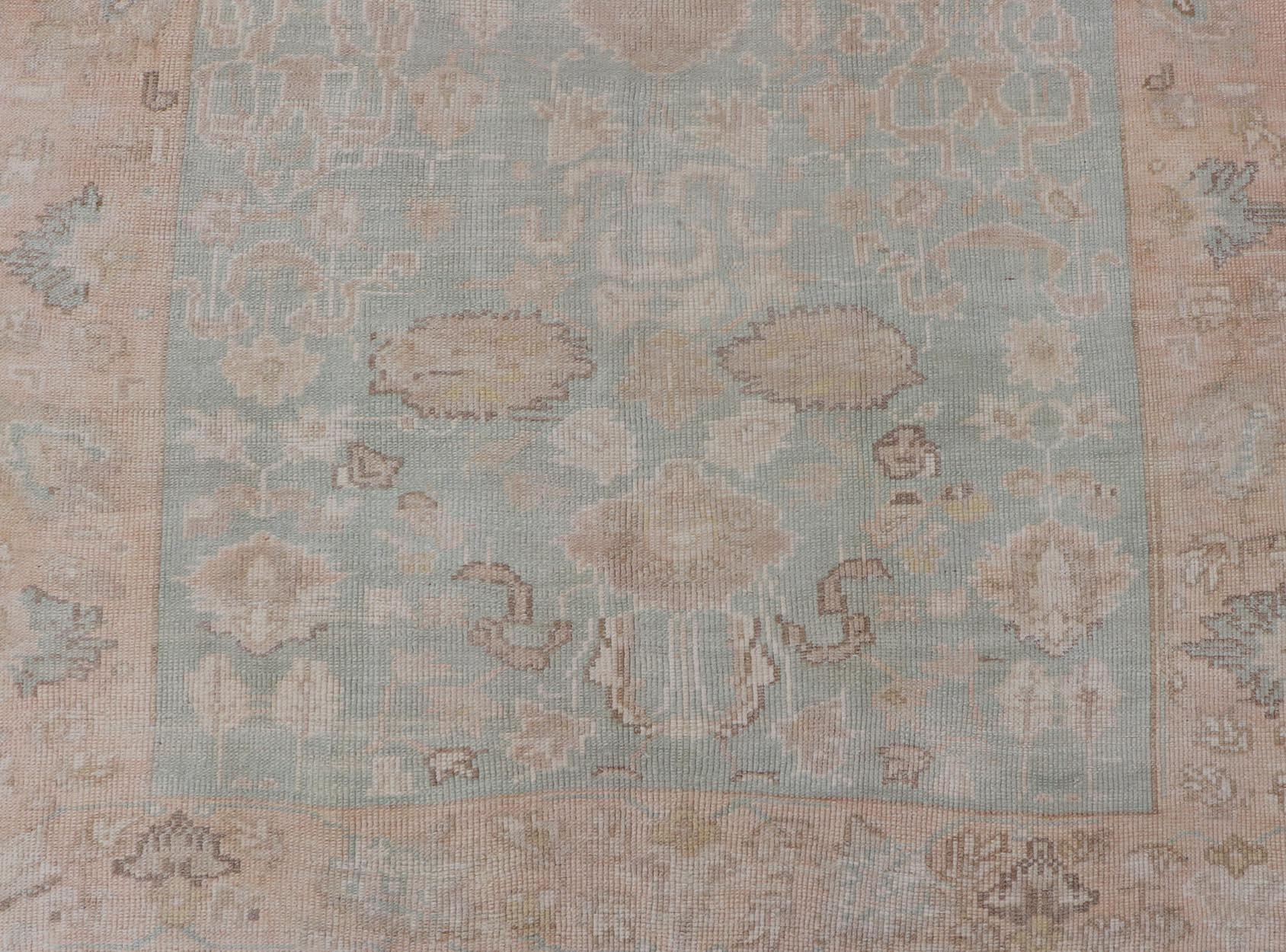 Light Colored Turkish Vintage Oushak Rug with All-Over Design in Light Green In Good Condition For Sale In Atlanta, GA