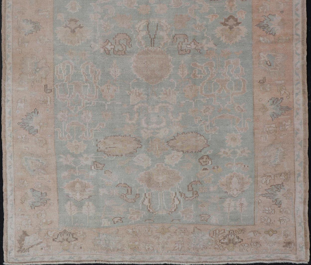 Light Colored Turkish Vintage Oushak Rug with All-Over Design in Light Green For Sale 1