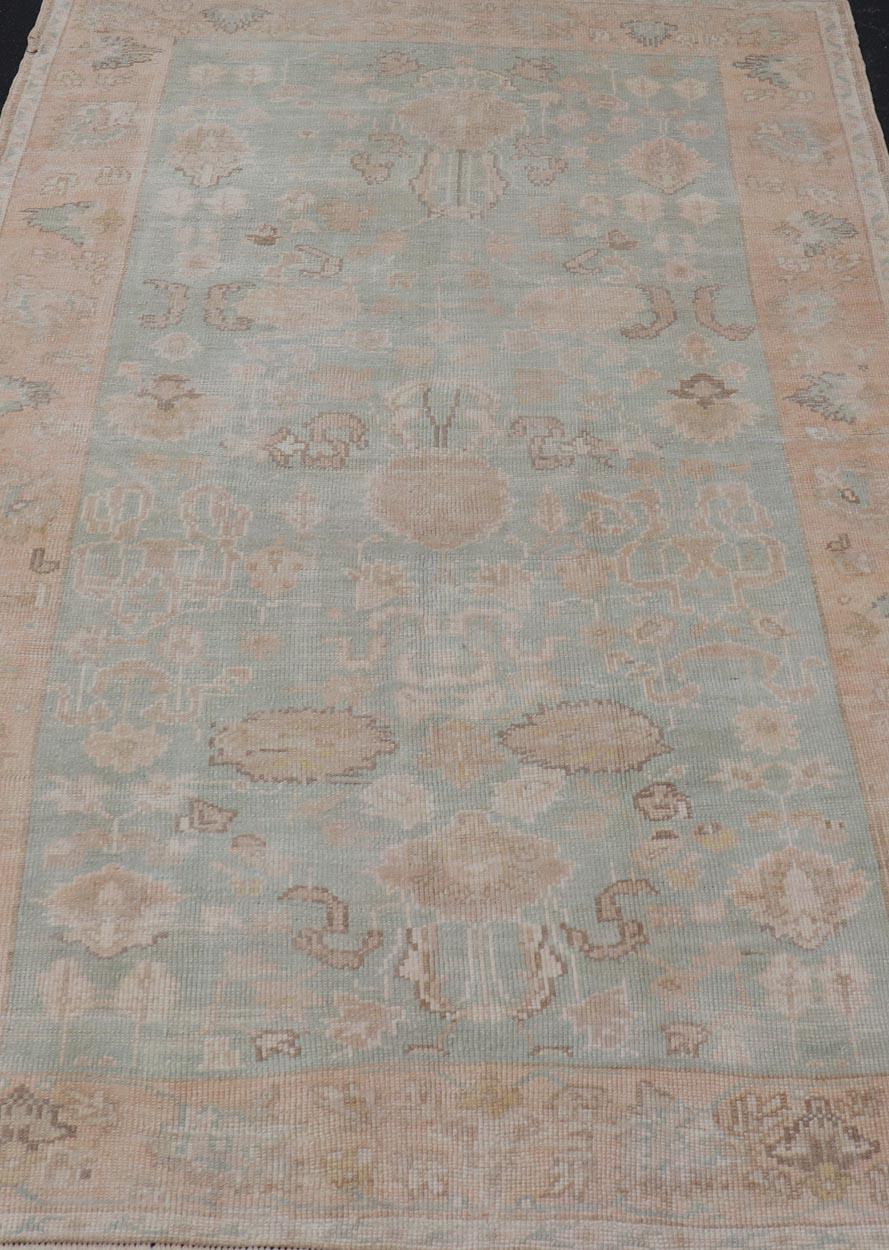 Light Colored Turkish Vintage Oushak Rug with All-Over Design in Light Green For Sale 3