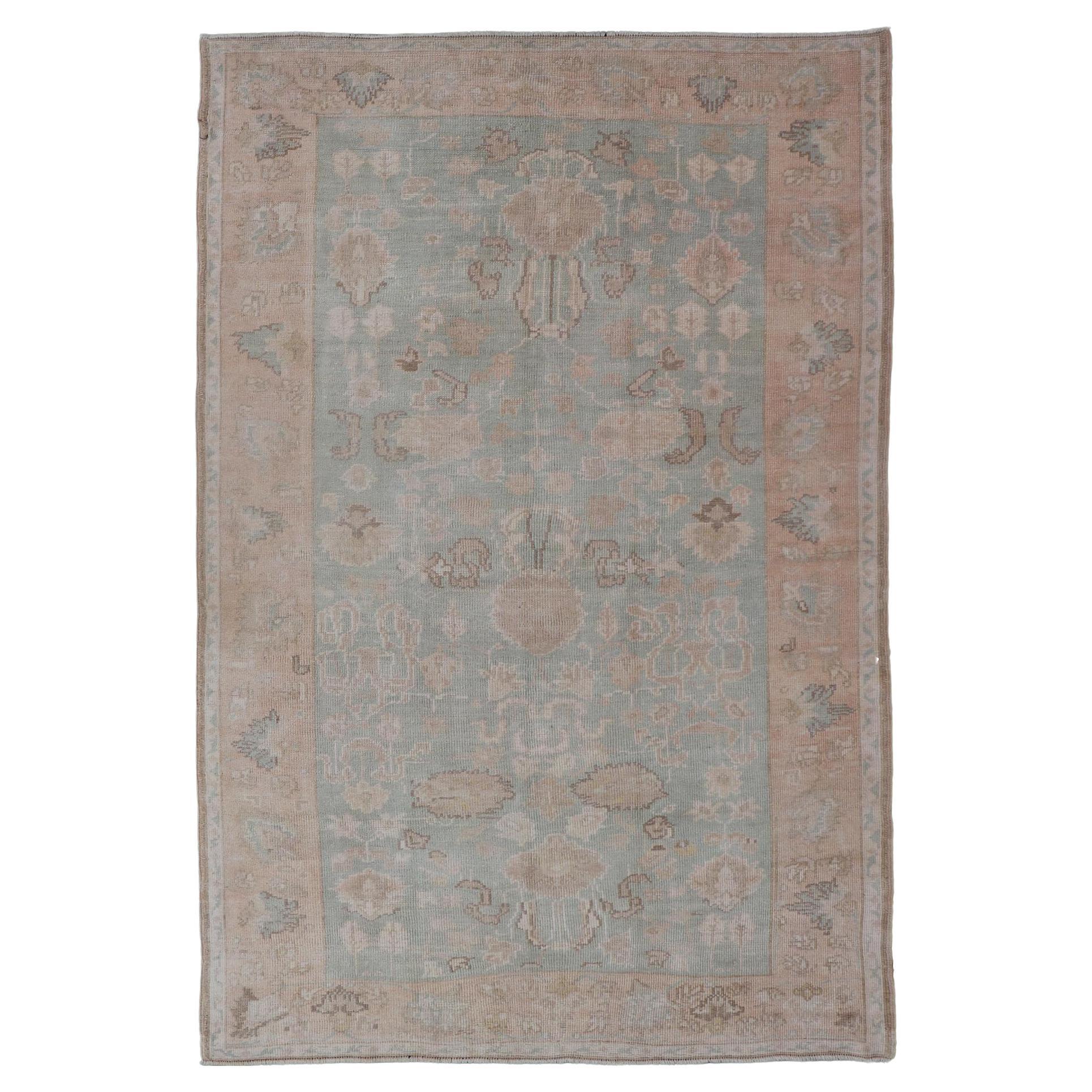 Light Colored Turkish Vintage Oushak Rug with All-Over Design in Light Green