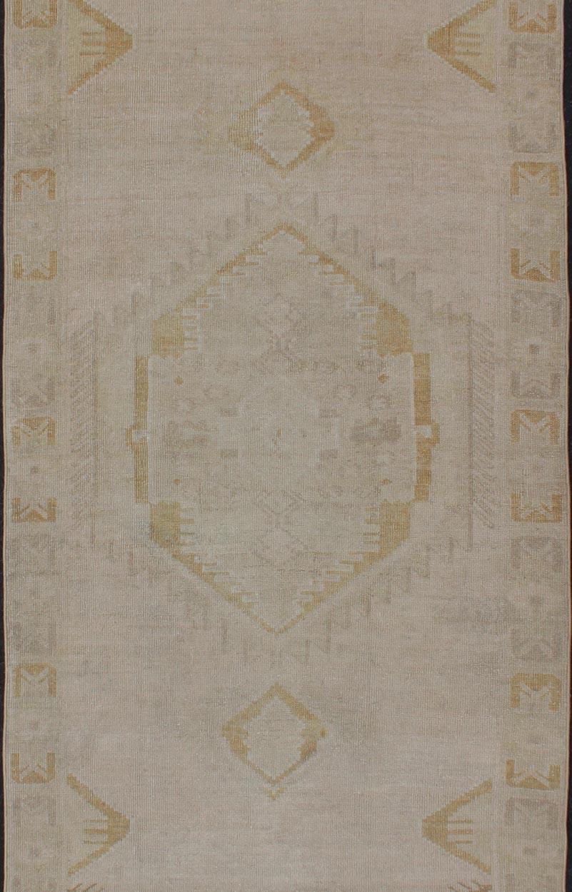 Hand-Knotted Light Colored Vintage Oushak Runner with Geometric Medallions in Taupe Color For Sale