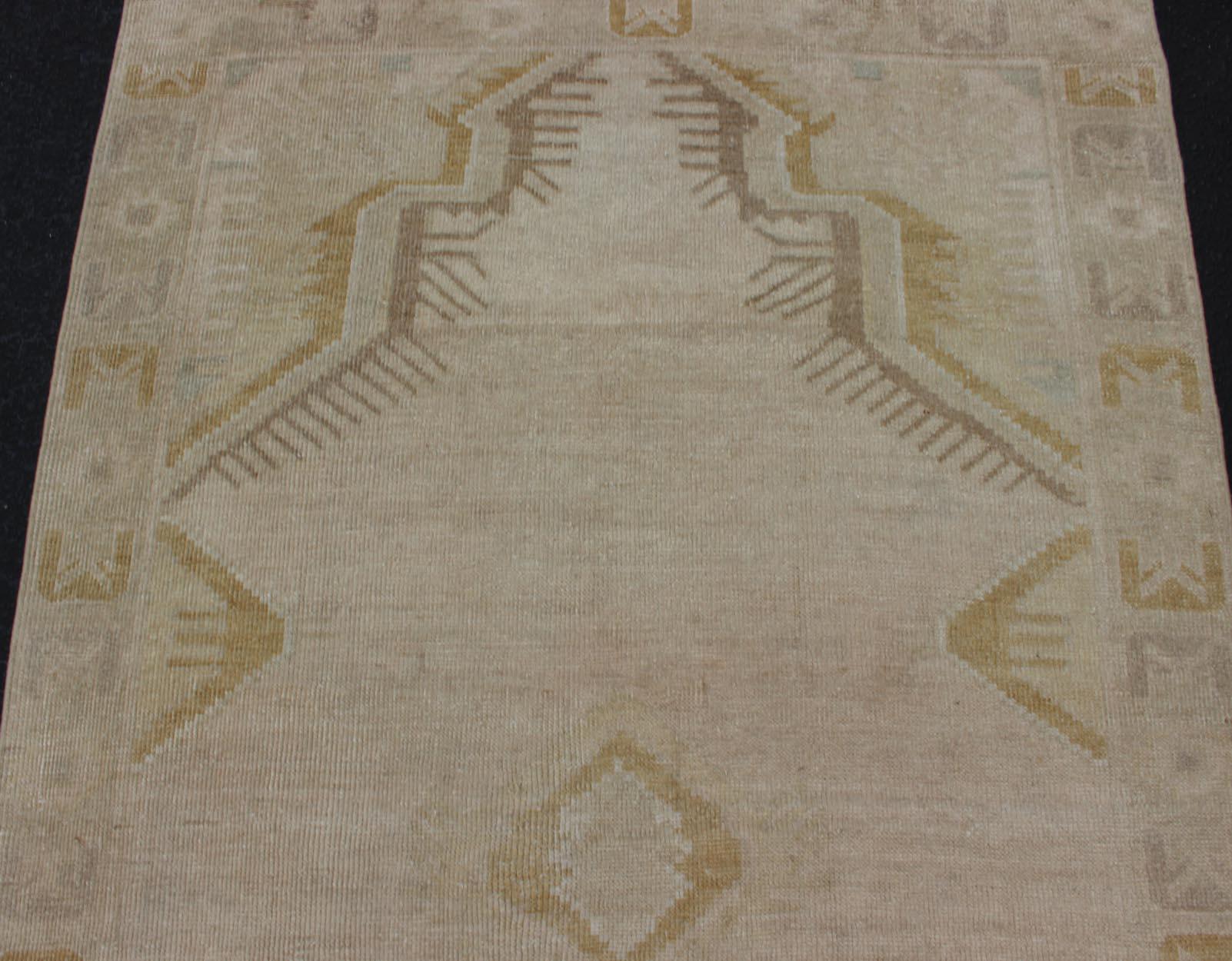Wool Light Colored Vintage Oushak Runner with Geometric Medallions in Taupe Color For Sale