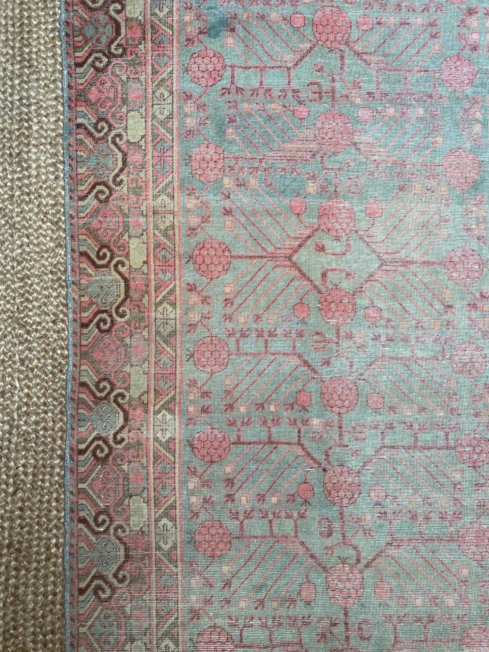 Orgin: Mongolia
Dimensions: 14’4? x 7’4?
Age: 1950’s
Design: Khotan
Material: 100% Wool-pile
Color: Sky Blue, Pink, Beige, Brown

6089

An epitome of history, character and culture, Antique Khotan rugs add richness to a room. Produced in