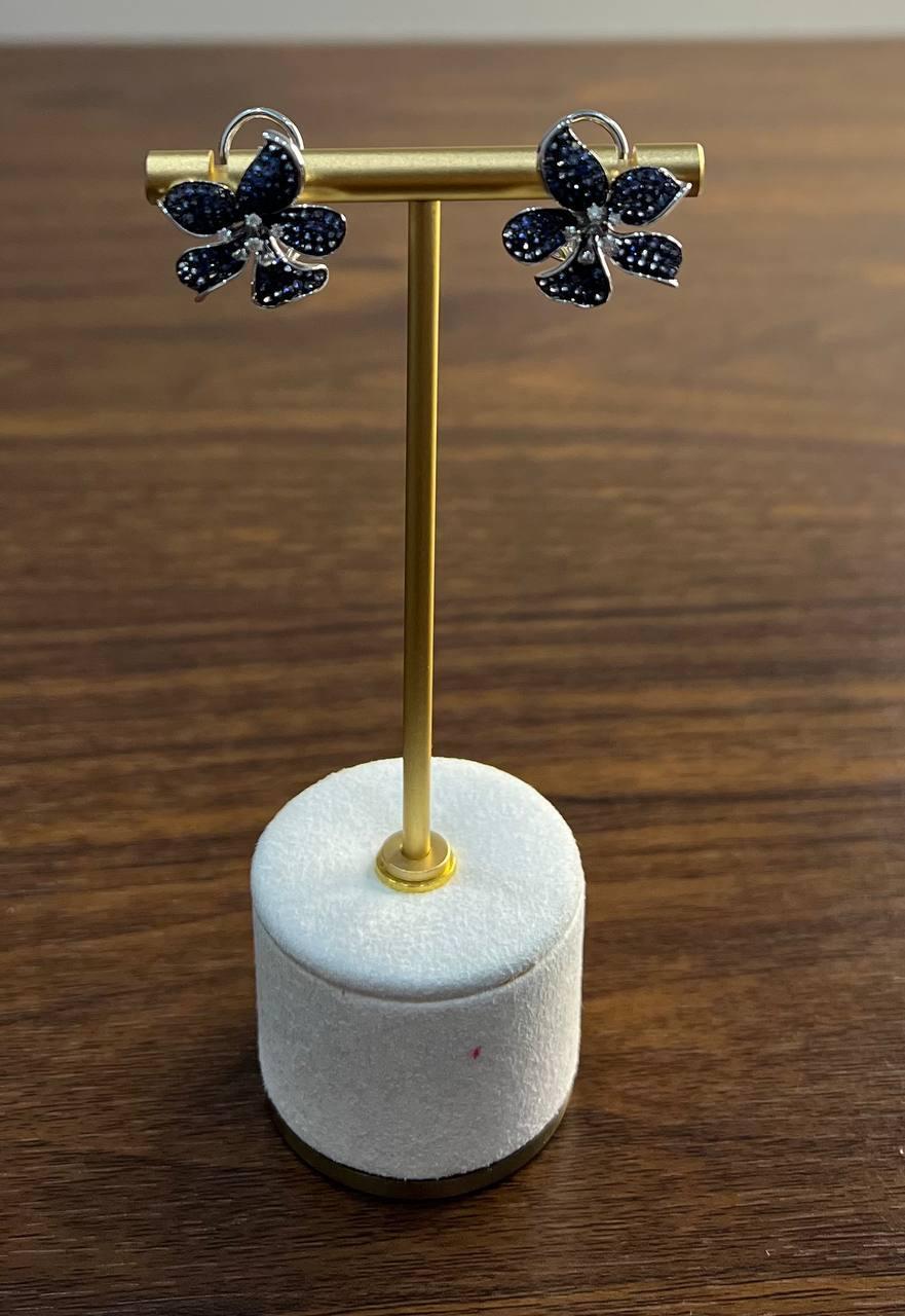 Light Dark Blue Sapphire & Diamond Pave 14K White Gold Floral Flower Earrings For Sale 2