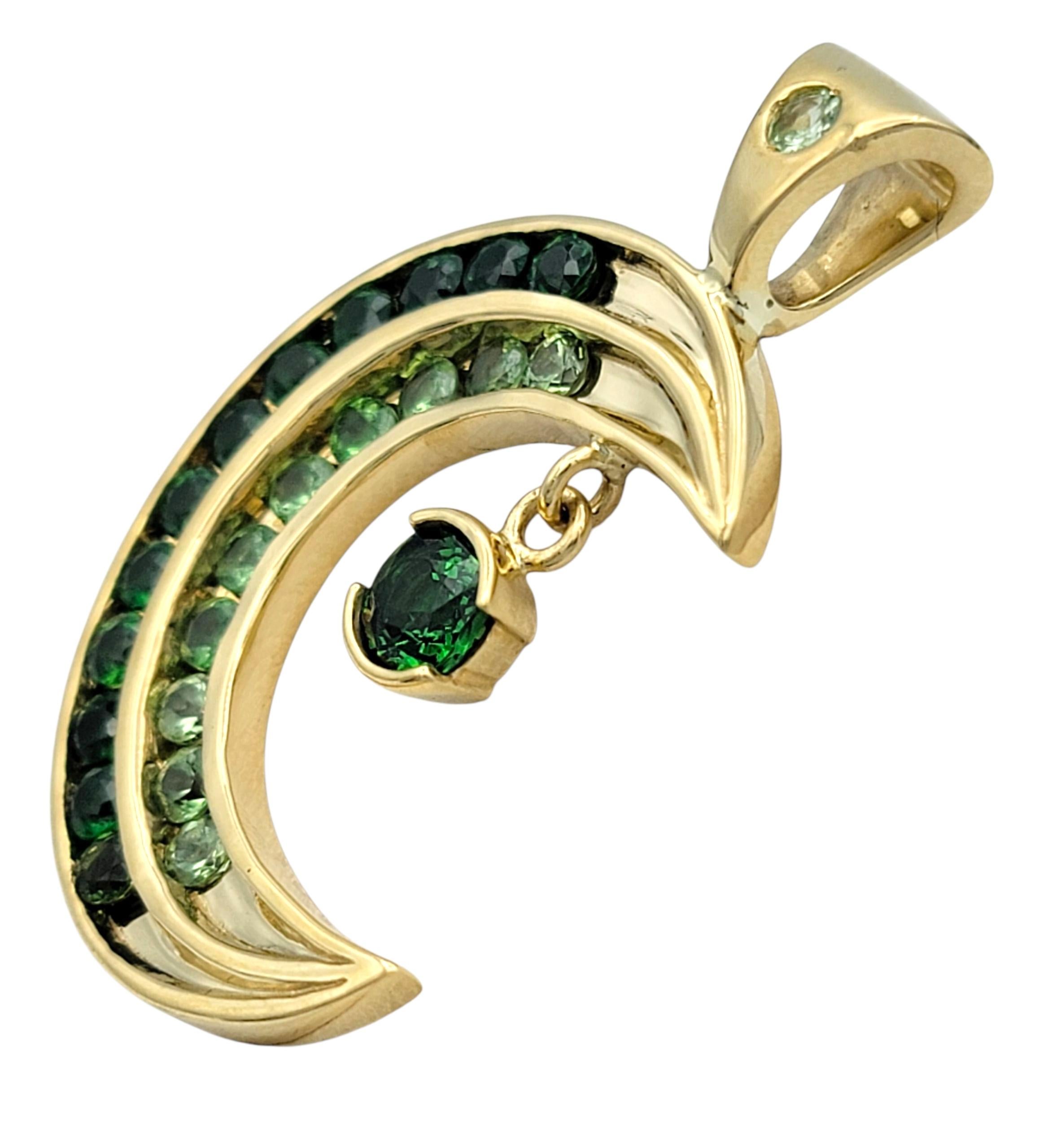 Contemporary Light & Dark Green Tsavorite Crescent Moon Pendant in 18 Karat Yellow Gold For Sale