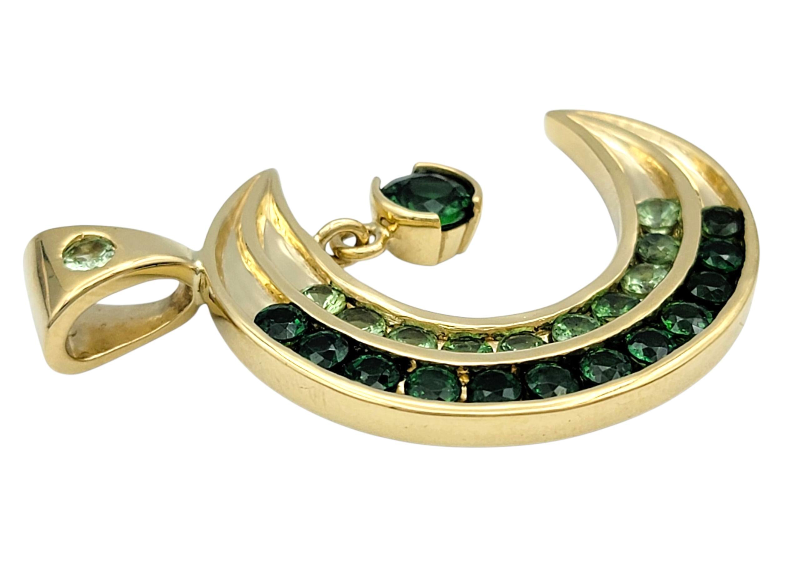 Round Cut Light & Dark Green Tsavorite Crescent Moon Pendant in 18 Karat Yellow Gold For Sale