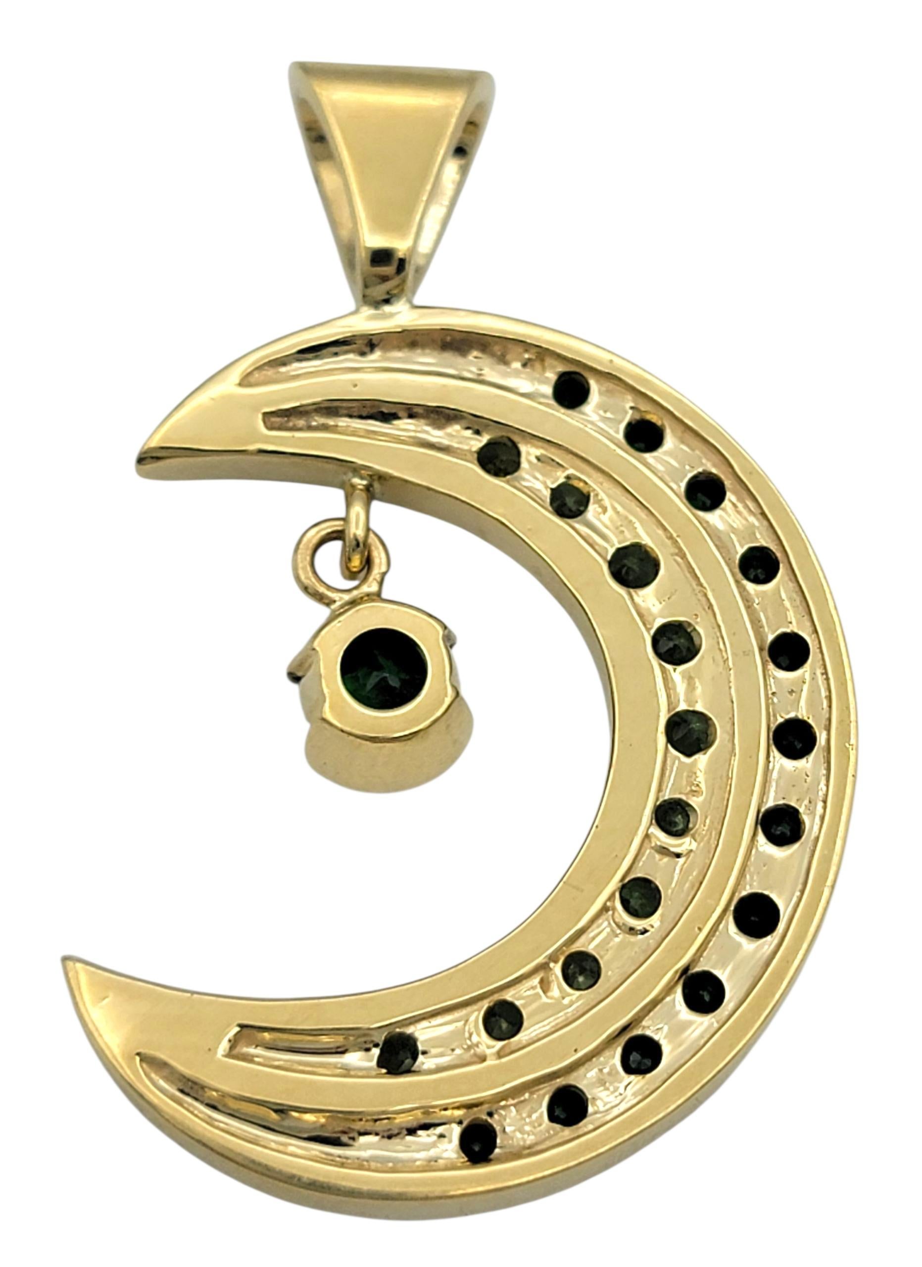 Women's or Men's Light & Dark Green Tsavorite Crescent Moon Pendant in 18 Karat Yellow Gold For Sale