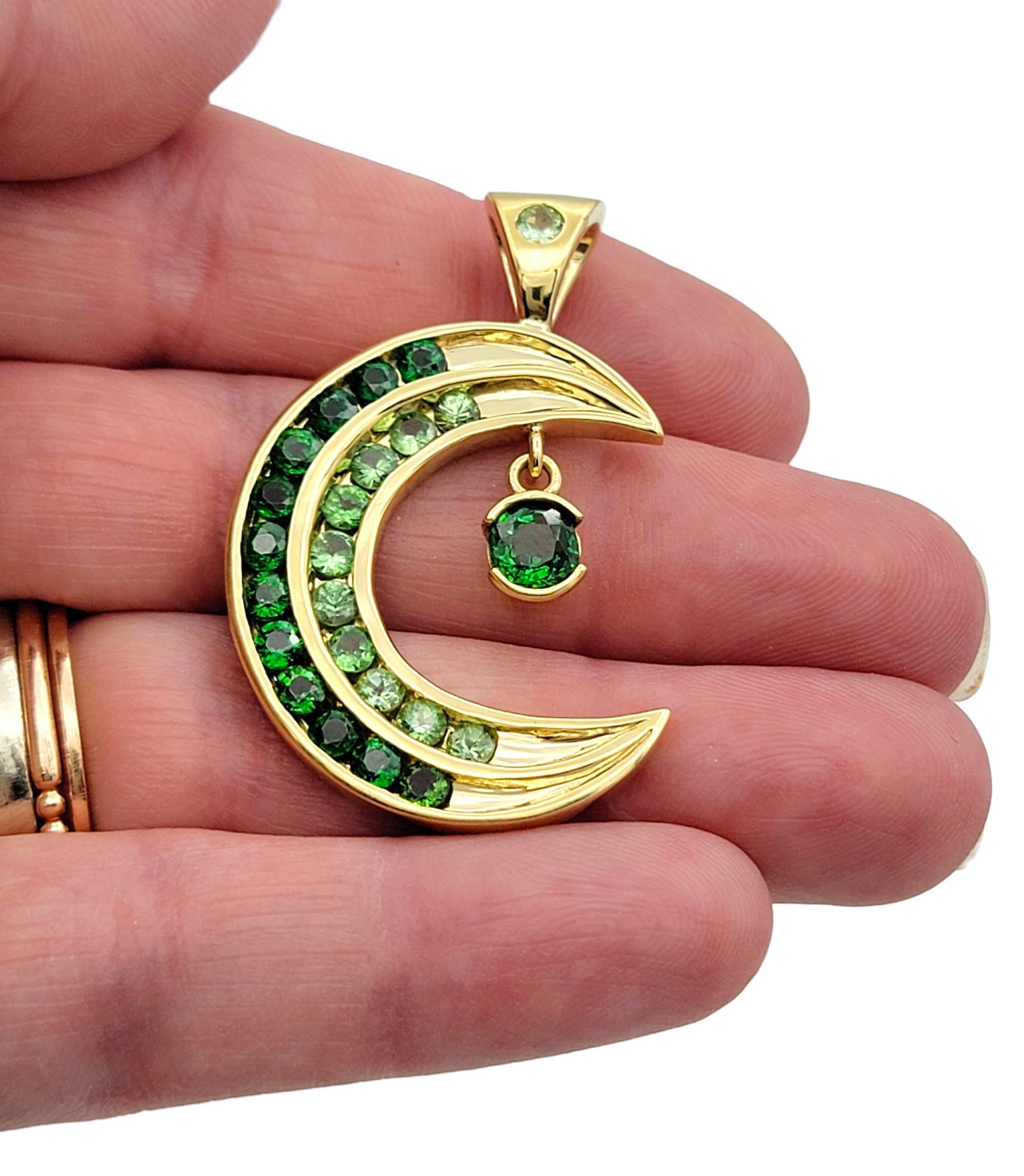 Light & Dark Green Tsavorite Crescent Moon Pendant in 18 Karat Yellow Gold For Sale 1