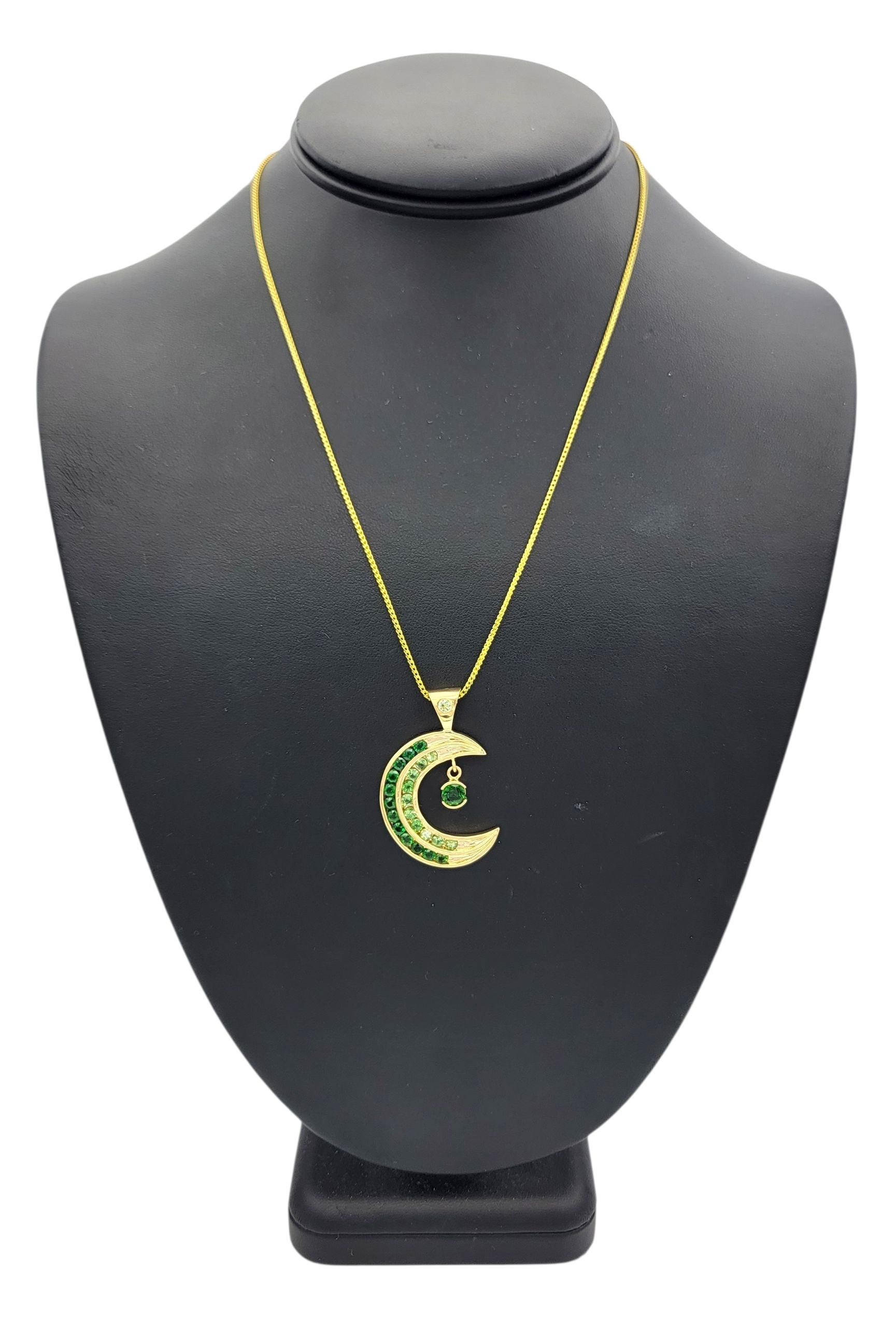 Light & Dark Green Tsavorite Crescent Moon Pendant in 18 Karat Yellow Gold For Sale 2