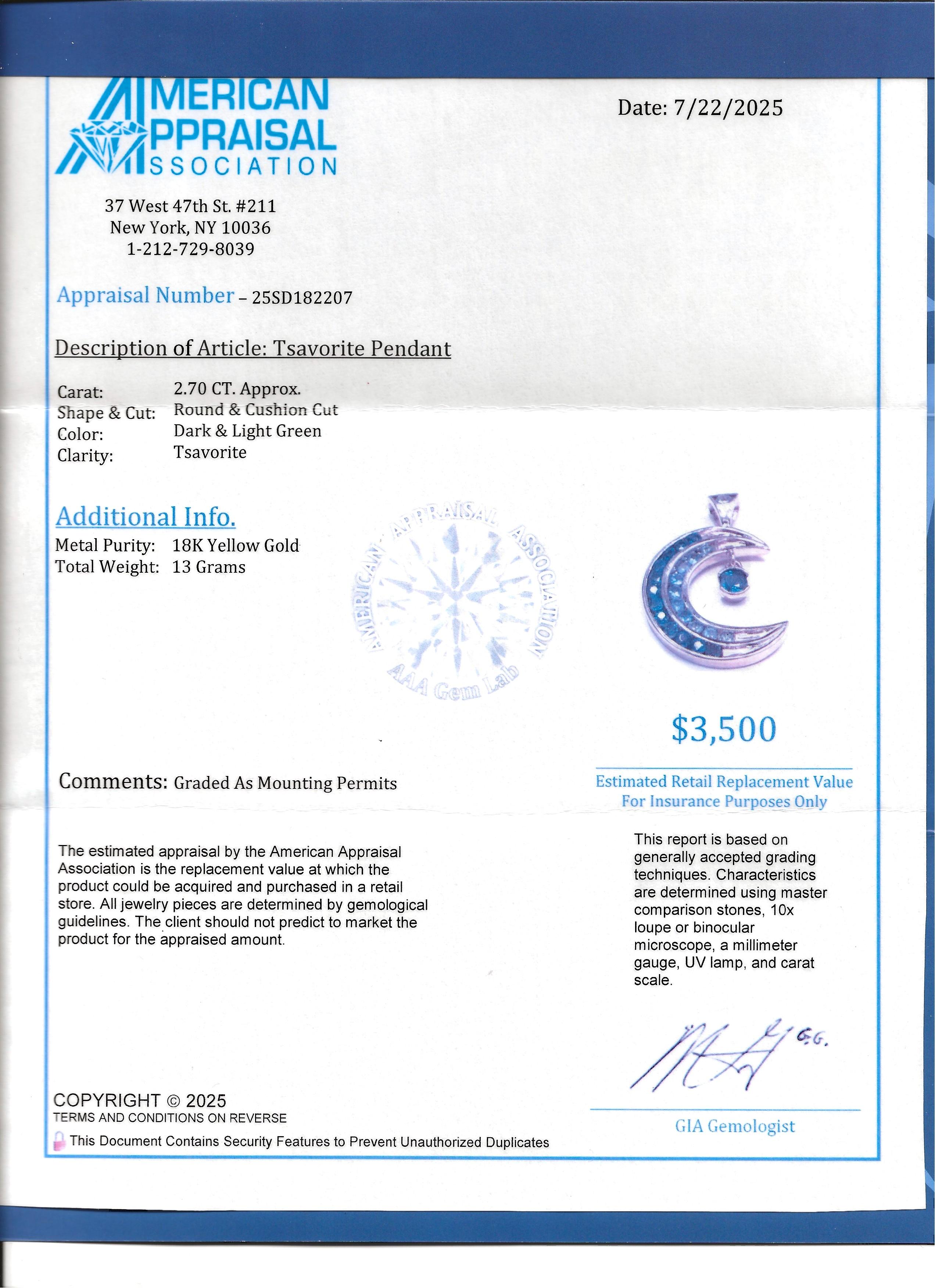 Light & Dark Green Tsavorite Crescent Moon Pendant in 18 Karat Yellow Gold For Sale 3