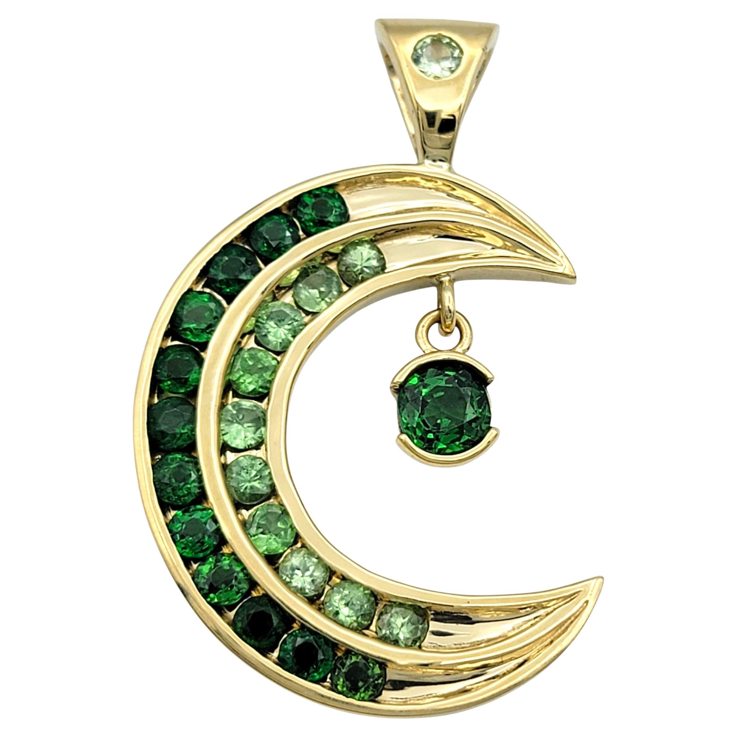 Light & Dark Green Tsavorite Crescent Moon Pendant in 18 Karat Yellow Gold For Sale