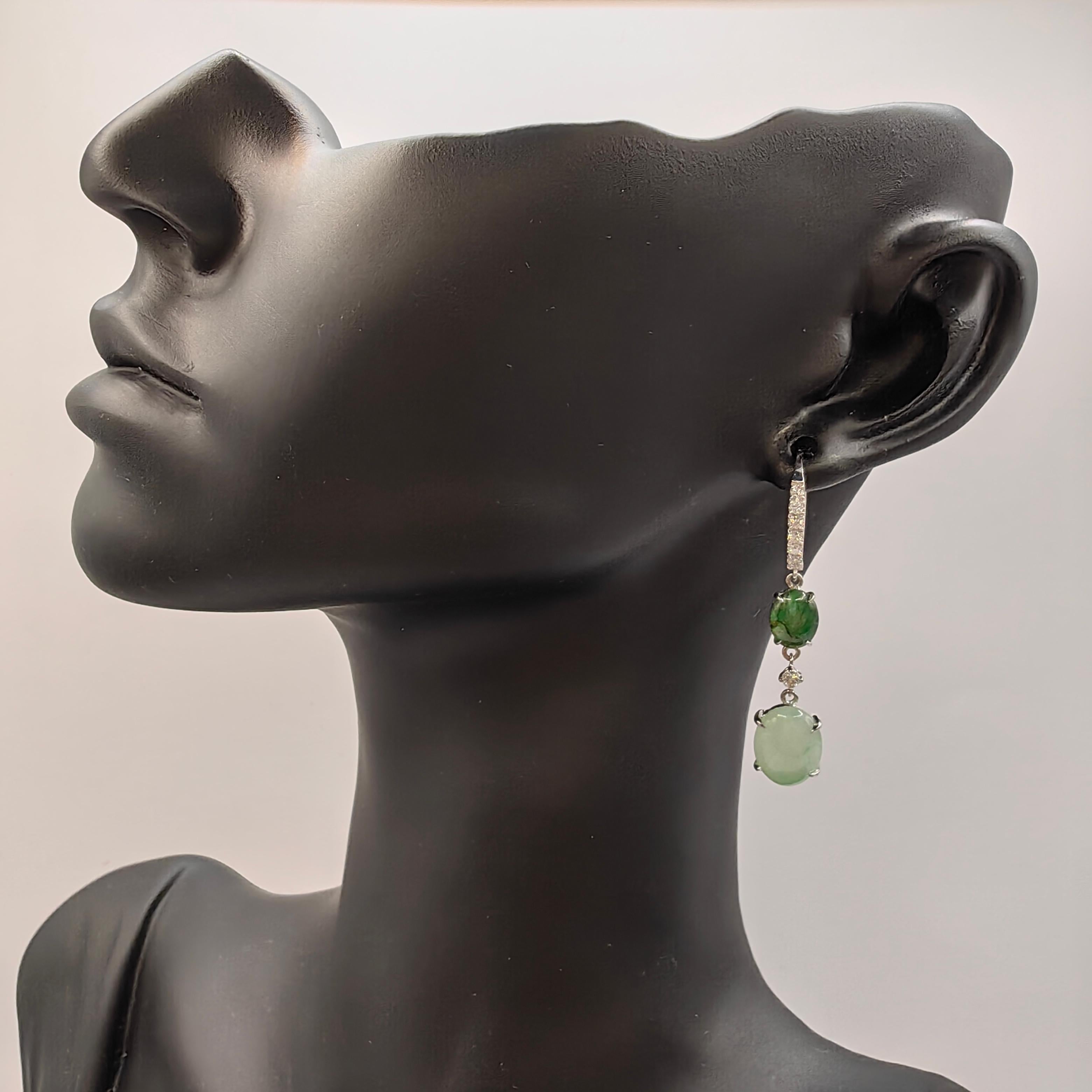 Light & Deep Green Burmese Jadeite Jade Diamond Dangling Earrings in 18K Gold For Sale 1