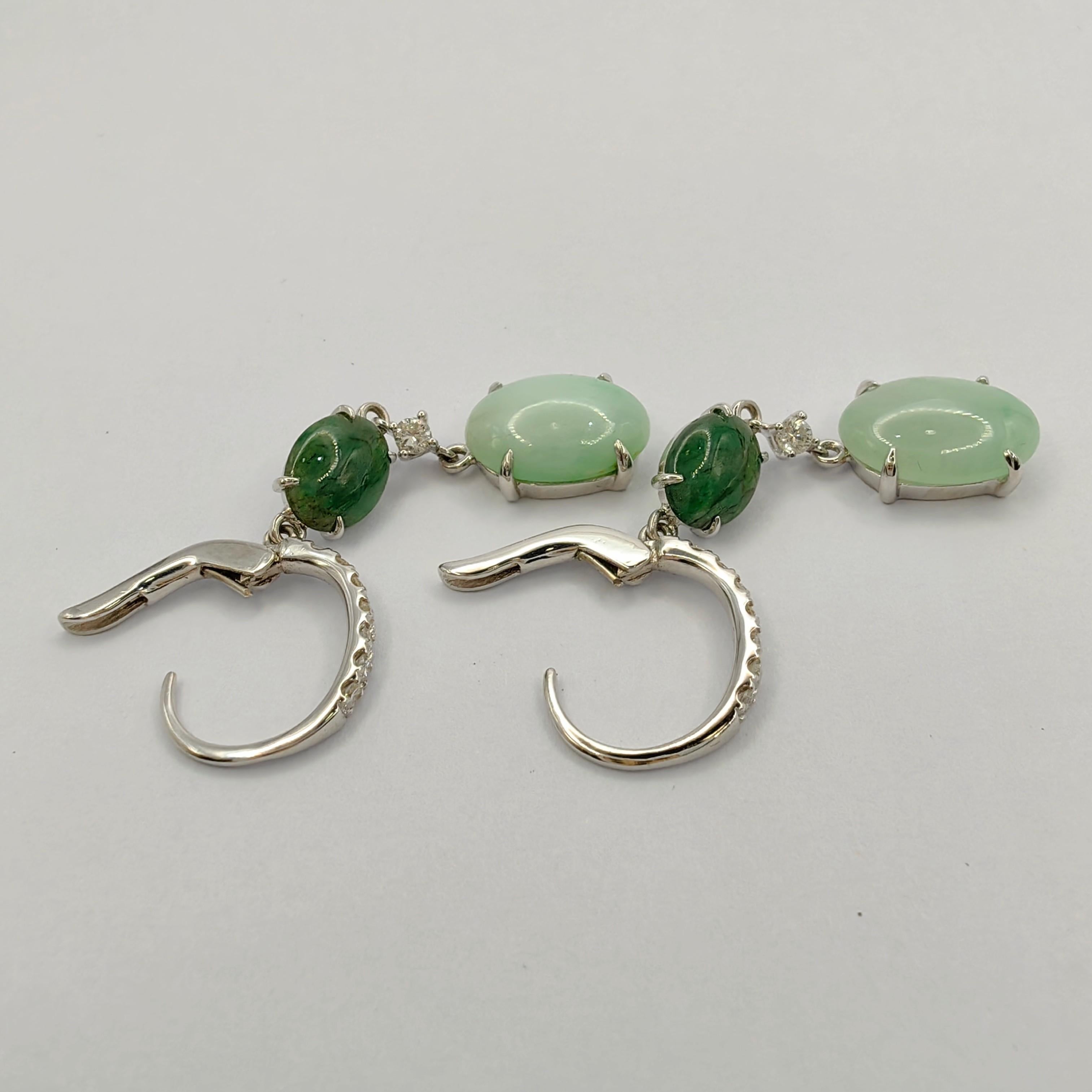 Cabochon Light & Deep Green Burmese Jadeite Jade Diamond Dangling Earrings in 18K Gold For Sale