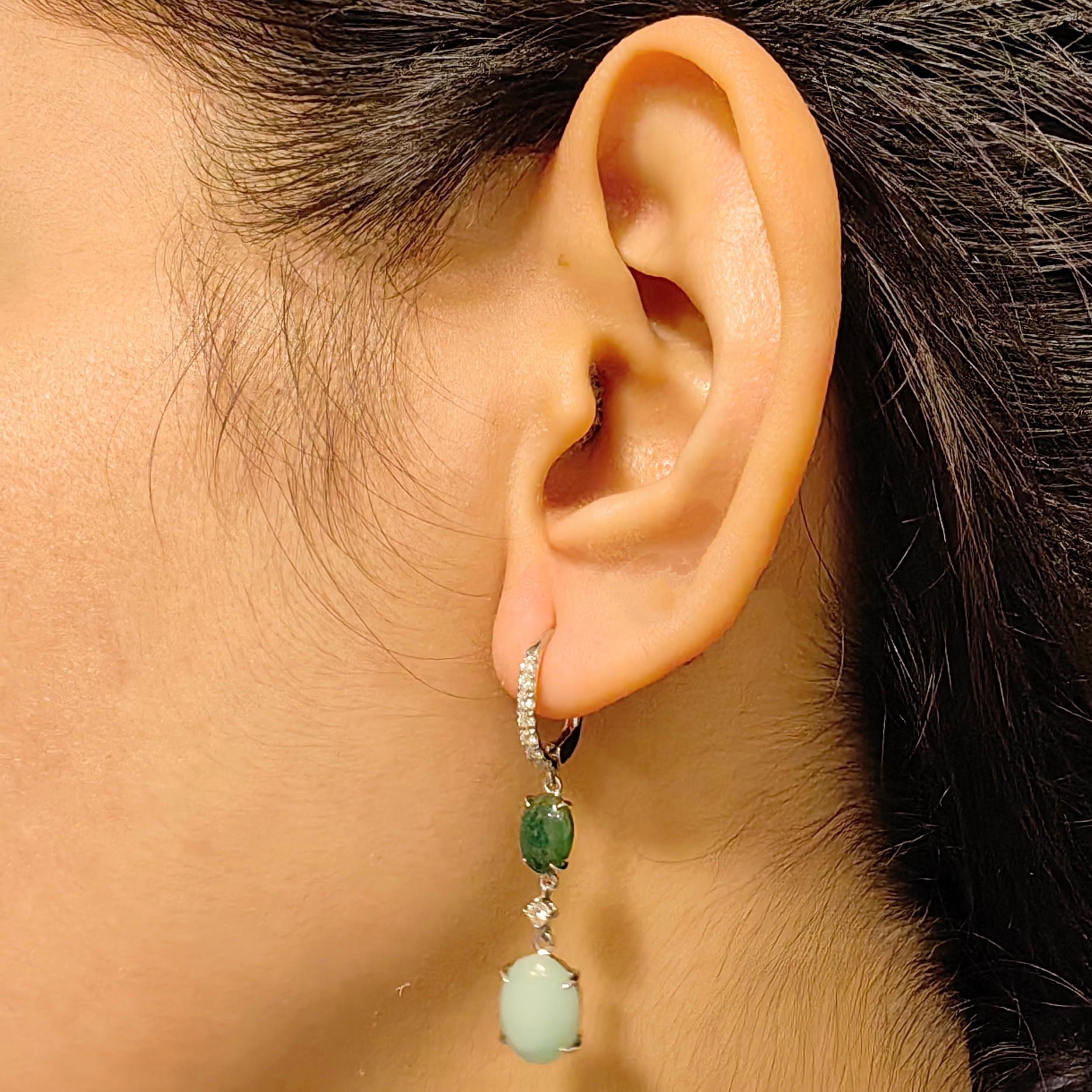 Light & Deep Green Burmese Jadeite Jade Diamond Dangling Earrings in 18K Gold For Sale 2