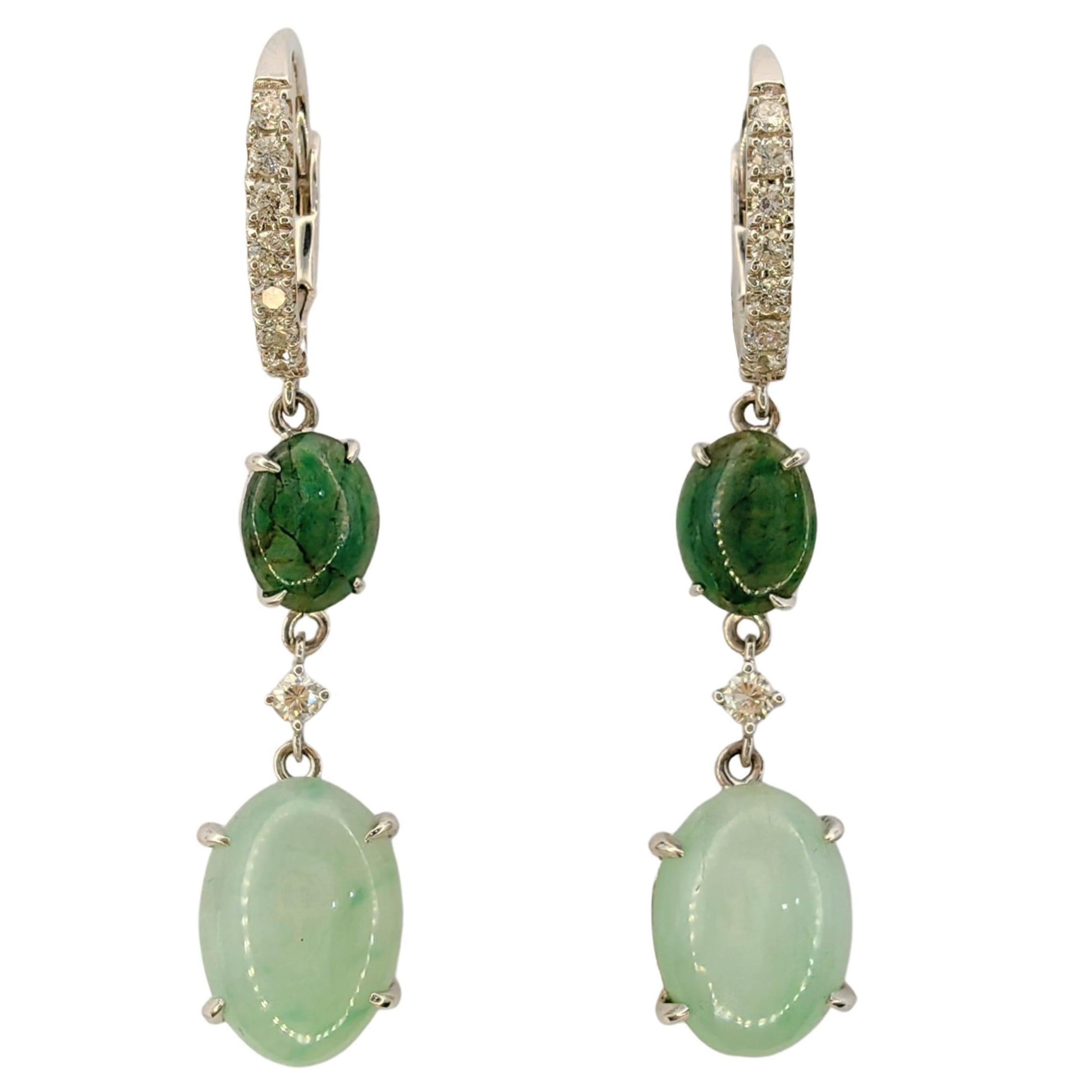 Light & Deep Green Burmese Jadeite Jade Diamond Dangling Earrings in 18K Gold For Sale