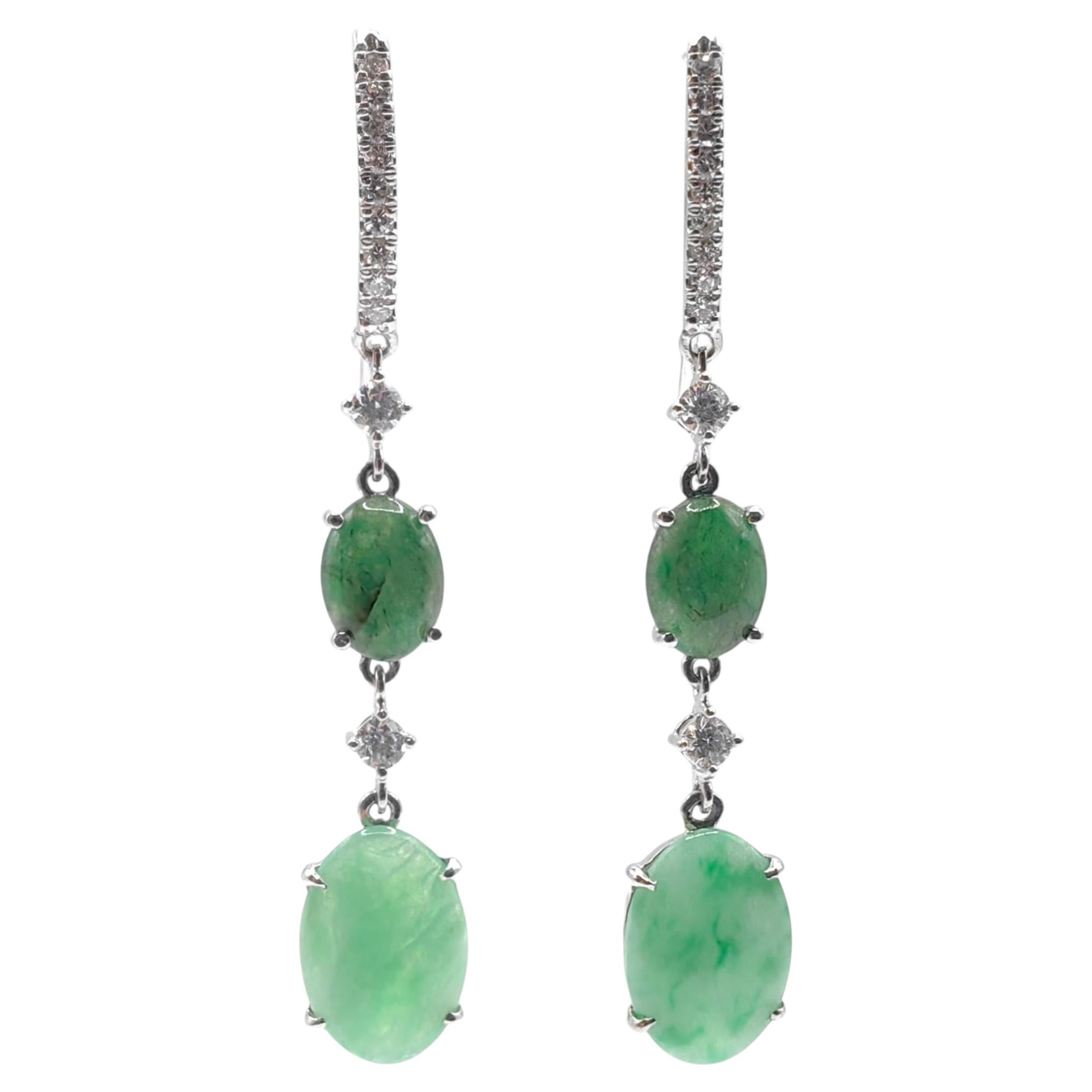Light & Deep Green Burmese Jadeite Jade Diamond Drop Earrings in 18K White Gold