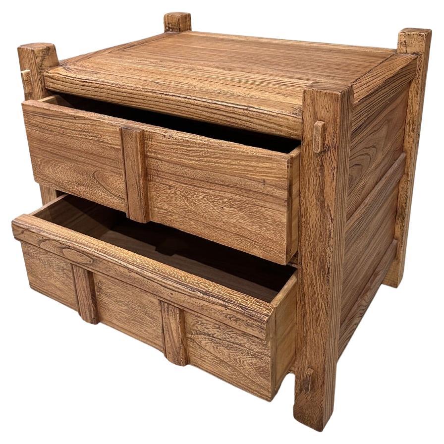 Light Elm Wood Bedside Table with Drawers, Modern Organic