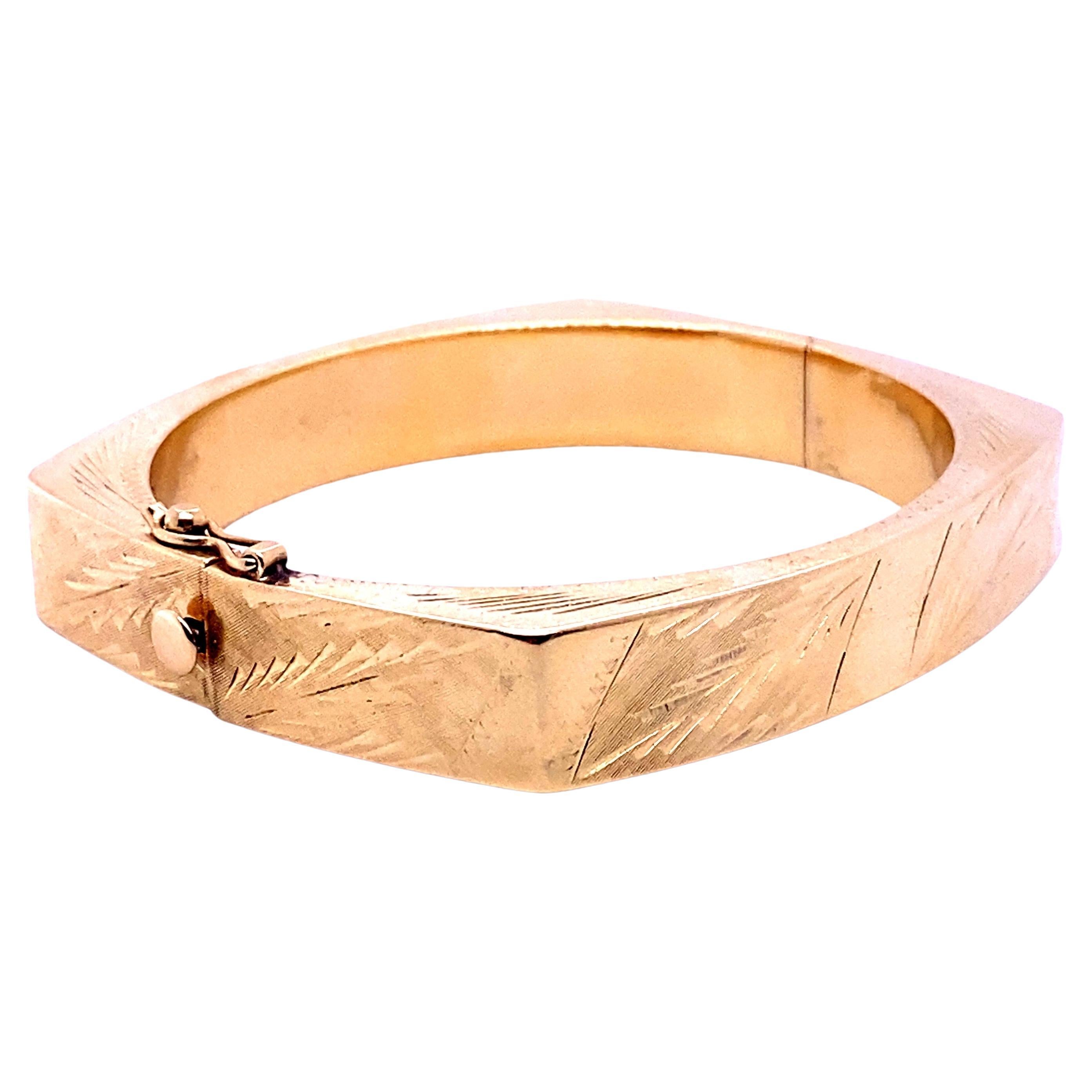 Light, Engraved, Rectangular, Hollow Vintage 14kt Yellow Gold Bangle Bracelet