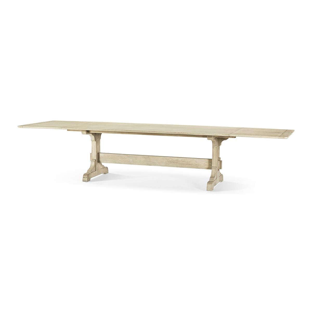 Light European trestle end dining table, this extension table opens to 148