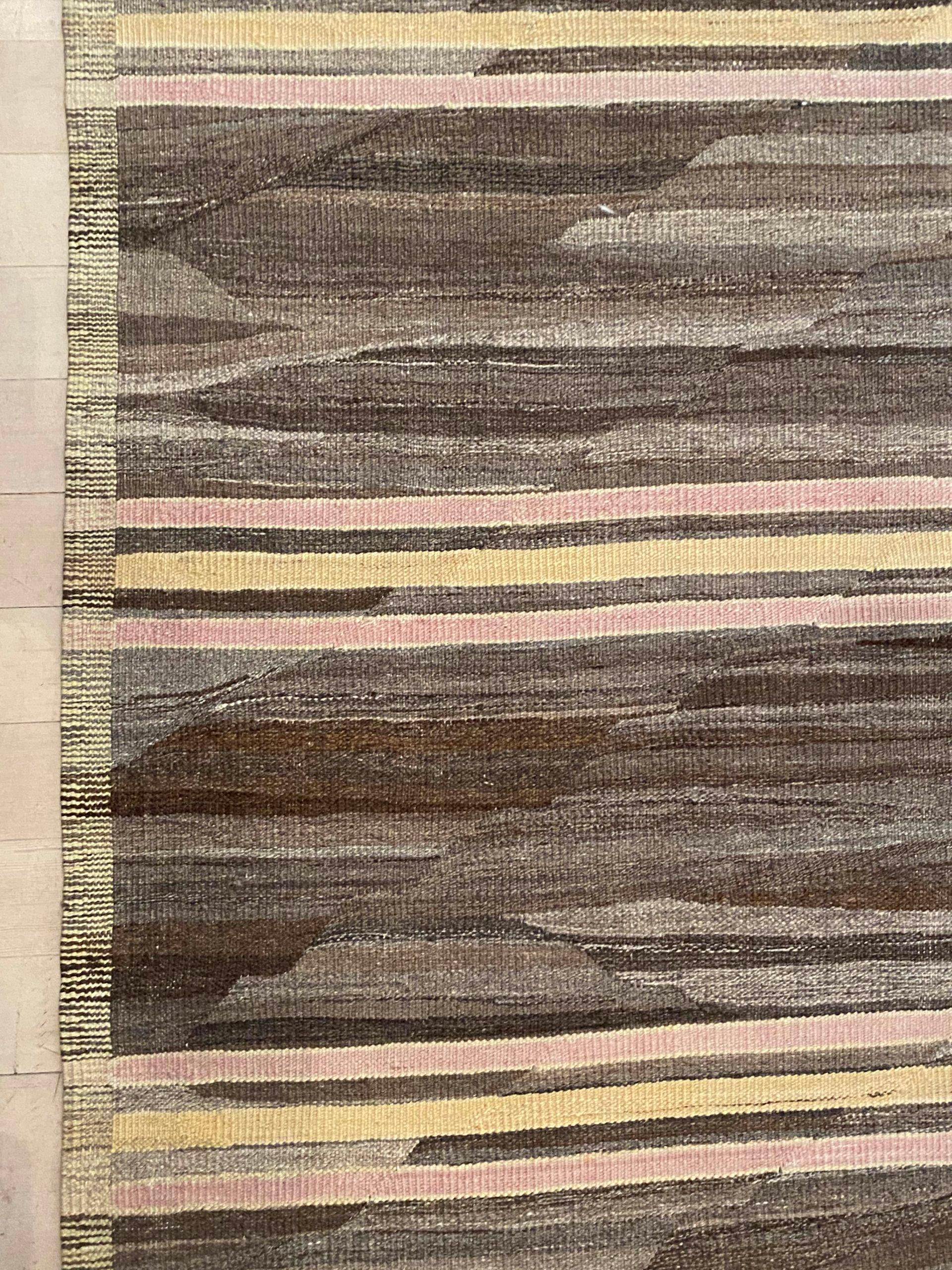 Origin: Afghanistan
Dimensions: 19’6? x 12’6?
Age: 2000’s
Design: Stripe Kilim
Material: 100% wool flatweave
Color: Chocolate, Beige

k4500

The word “kilim” is of Turkish origin. It is used to refer to a high-quality pileless rug made from