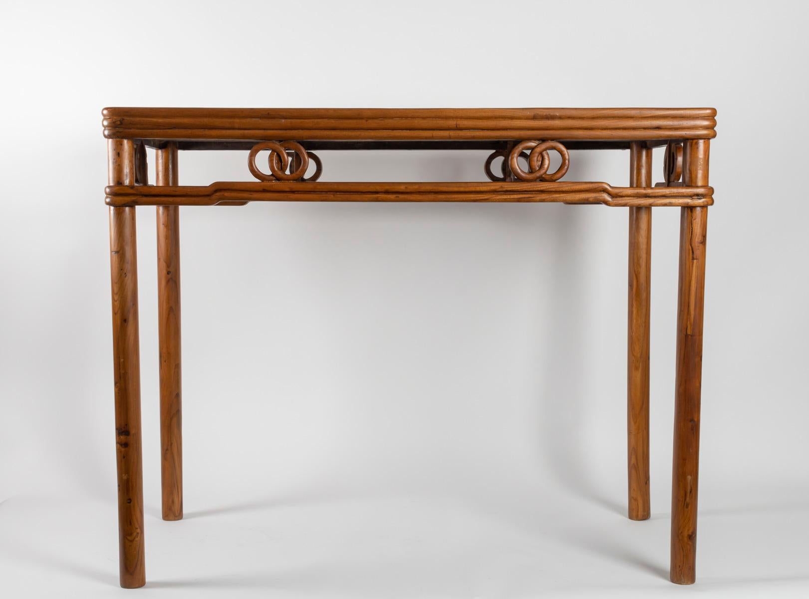Chinese Export Light Fruit Wood Table with Rings Decor on Belt, China, 1900