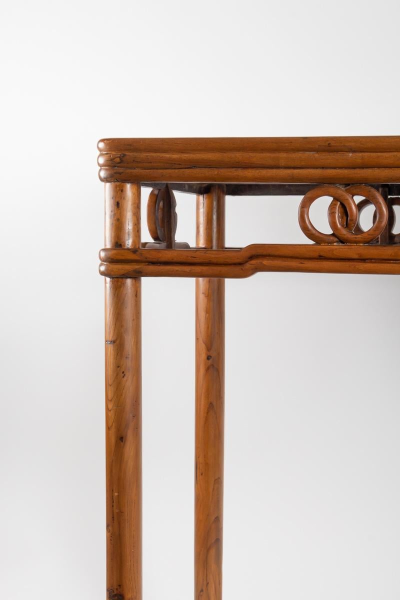 Chinese Light Fruit Wood Table with Rings Decor on Belt, China, 1900