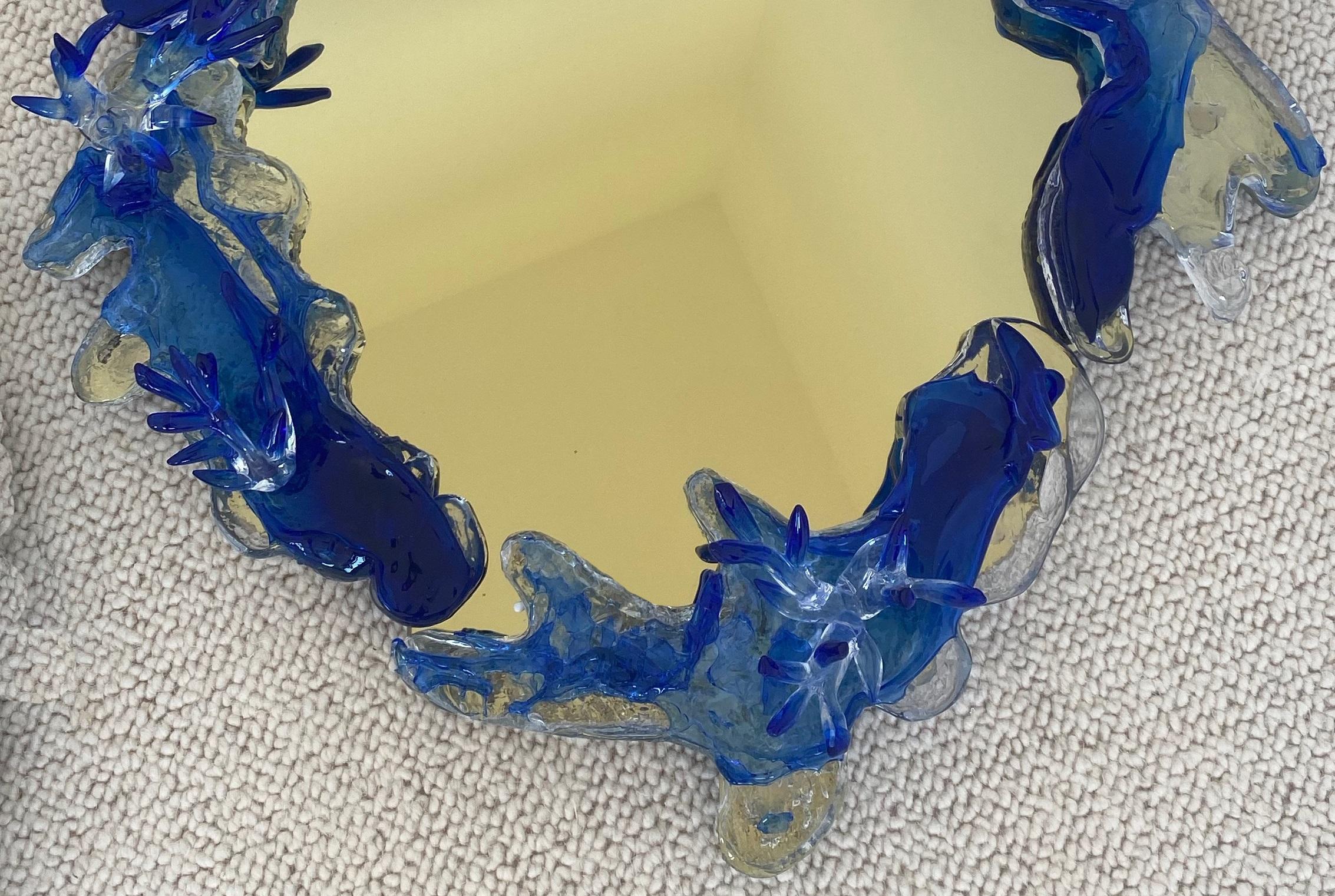 French Light Gold Mirror With Ultramarine Blue Decor by Emilie Lemardeley For Sale