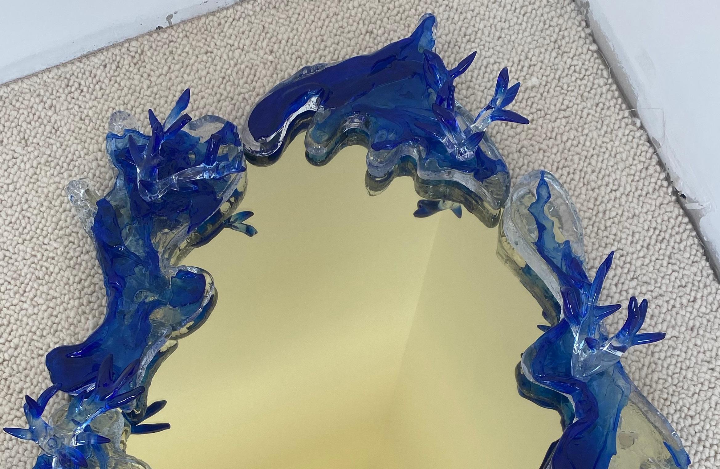 Other Light Gold Mirror With Ultramarine Blue Decor by Emilie Lemardeley For Sale