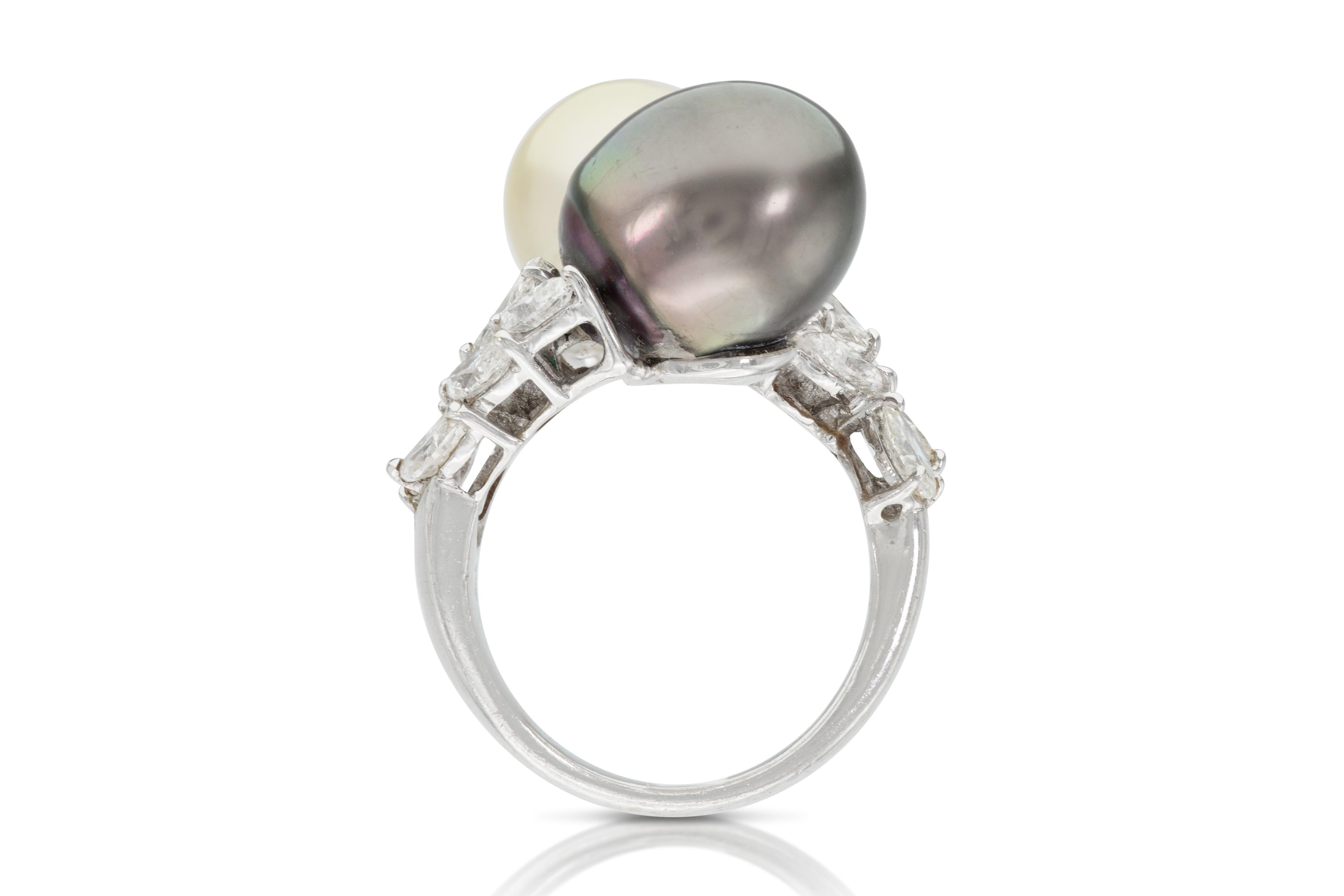 Women's Light Gold South Sea and Tahitian Pearl Ring with Diamonds For Sale