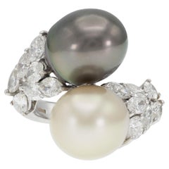 Light Gold South Sea and Tahitian Pearl Ring with Diamonds