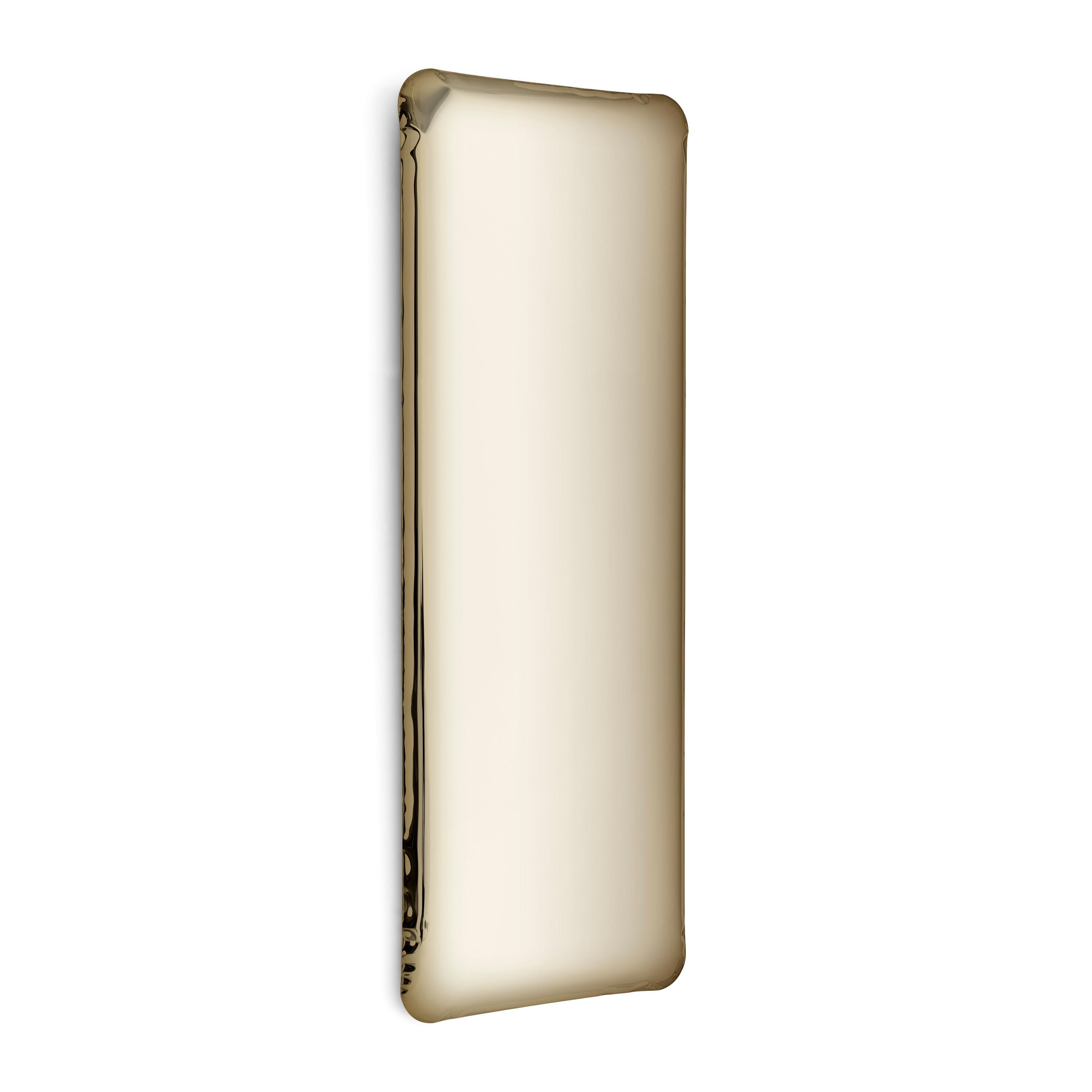 Light Gold Tafla Q1 sculptural wall mirror by Zieta
Dimensions: D 6 x W 60 x H 180 cm 
Material: Stainless steel. 
Finish: Light gold. 
Available in finishes: Stainless Steel, Deep Space Blue, Emerald, Sapphire, Sapphire/Emerald, Dark Matter, Red