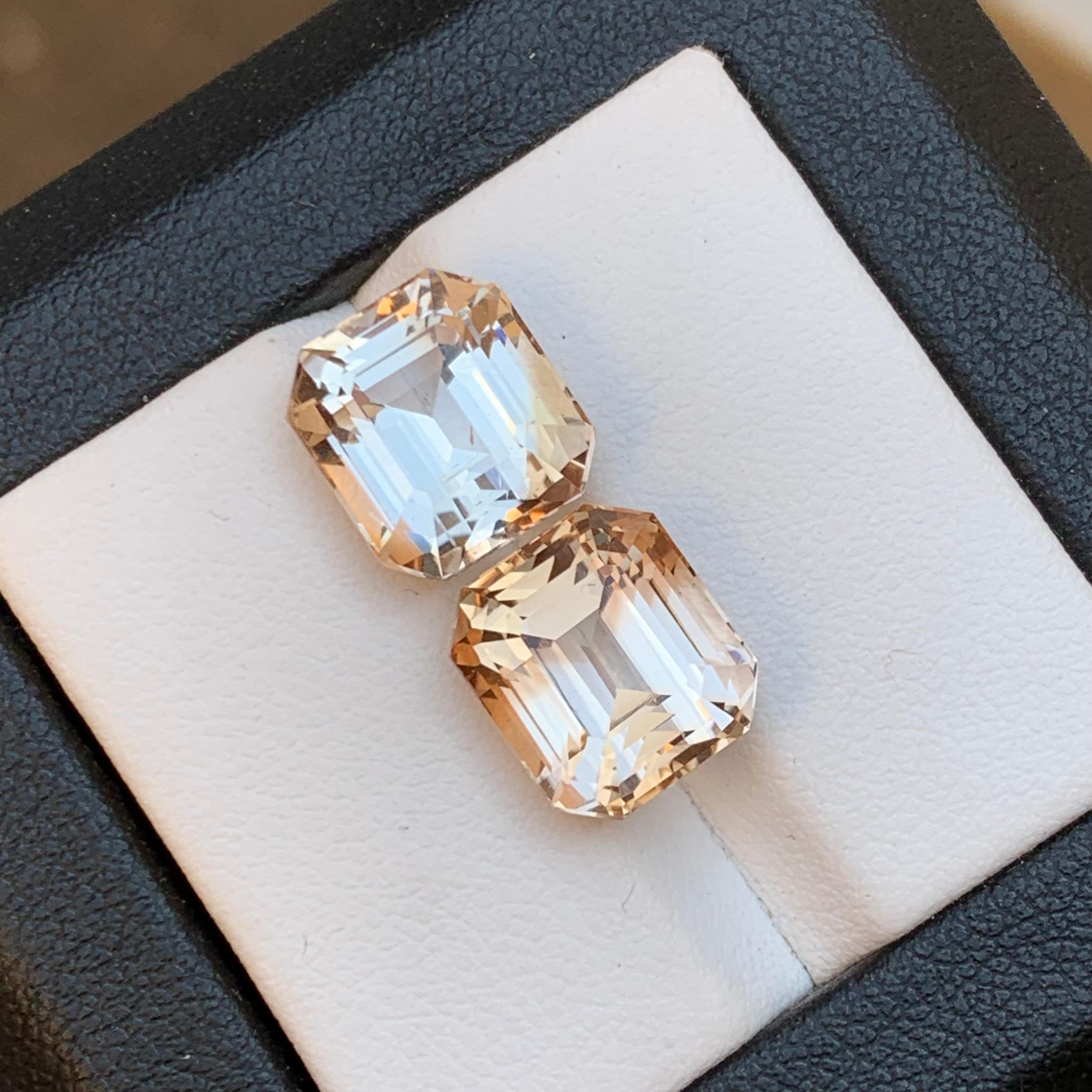 Women's or Men's Light Golden Brown Natural Topaz Loose Gemstones Pair Set 15.80 Ct Emerald Cut For Sale