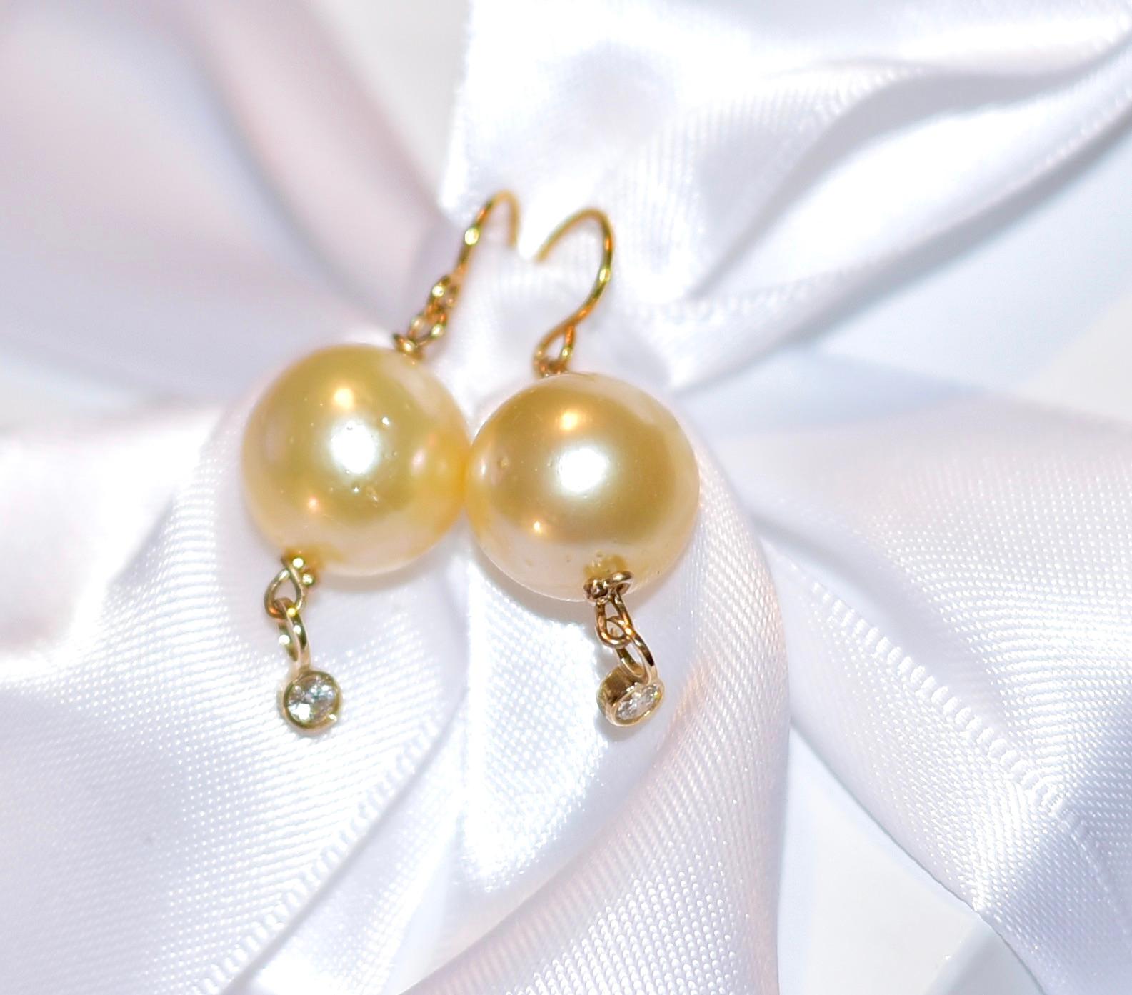 Artisan Light Golden South Sea Cultured Pearl, 14K Solid Yellow Gold Diamond Earrings